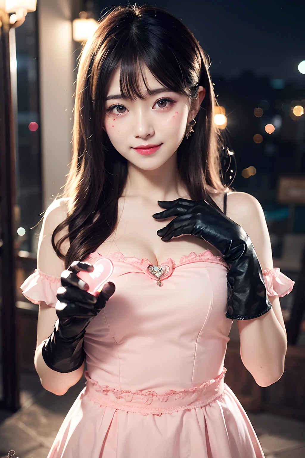 1girl, photo, masterpiece, sweetlolita, tosca dress fabric, heart shape on cheek, blush pink makeup, gloves, smile, pastel color, ornate, broderry, bokeh,