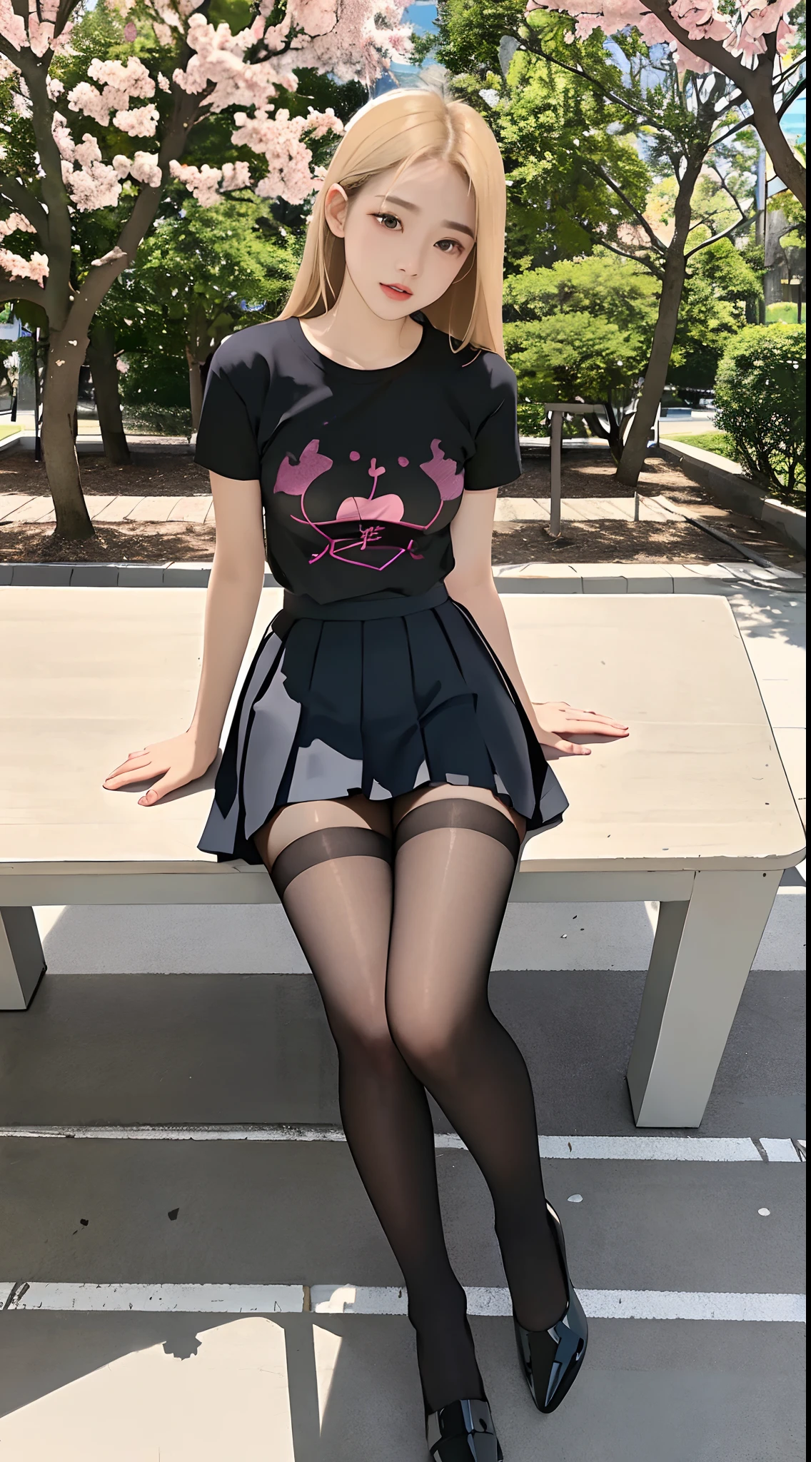 Pre-teen, 16 years old, European, blonde, small breasts, big eyes, long legs, close-up of thighs, t-shirt with deep neckline, skirt tiny pleated, black tights, high heel shoes, Extremely high angle shot, from above the girl, (Reelmech: 1.5), vagina showing, park background, Trees, cherry blossom, mirrored floor with reflections, sitting on school chair , blood on t-shirt, ray tracing, HDR