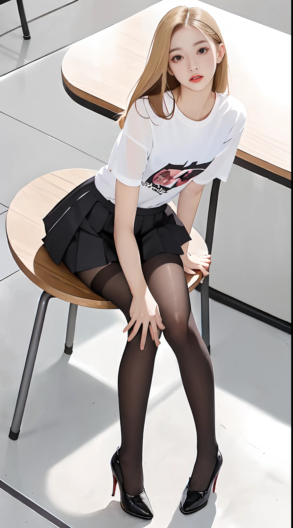 Pre-teen, 16 years old, European, blonde, small breasts, big eyes, long legs, close-up of thighs, t-shirt with deep neckline, skirt tiny pleated, black tights, high heel shoes, Extremely high angle shot, from above the girl, (Reelmech: 1.5), vagina showing, park background, Trees, cherry blossom, mirrored floor with reflections, sitting on school chair , blood on t-shirt, ray tracing, HDR