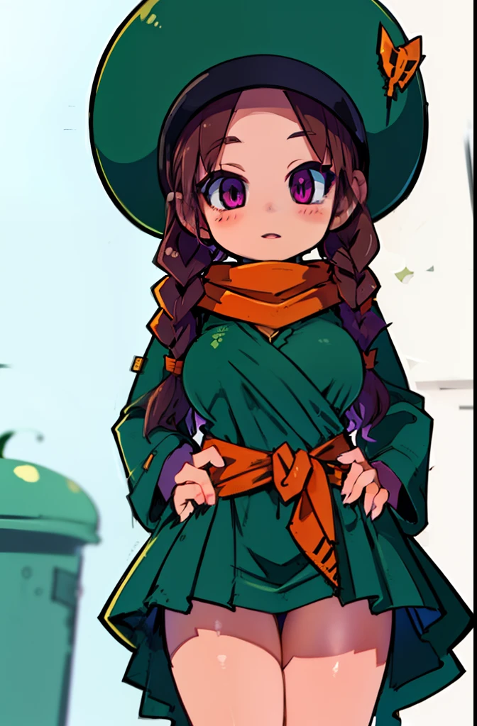 nsfw, 1girl, solo, li, green dress, green skirt, orange scarf, white cloth from the waist down, green hat, purple eyes, Cute detailed face, ultra detail face, detailed lips, Slender Eyes, sharp eyes, sideways glance, boobs, hip, thick thighs, reddish brown hair, two braids, liirl, high quality, with a yellow key hanging from her waist