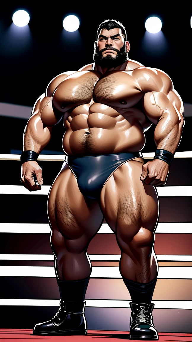 solo person，male people，Muscle wrestler，musculous，Stout wrestler，Asian people，jpn，uncle，60-year-old middle-aged man，Short hair，short detailed hair，Wrestling boots，Full body like，Panorama Figures，WWE rings，WWE American professional wrestling，spotlight lights，shadowing，visions，Briefs，fatness，age 55，,Middle aged，Tattooed with，Fingerless gloves，Wheat-colored skin，Oily skin，dark-skin，Show off your pectorals，Sumo wrestler，body builder，Wide sideburns，Pronounced abs，ssmile，The beard is gray，Gray hair，（Full body like：3），Fine hands，