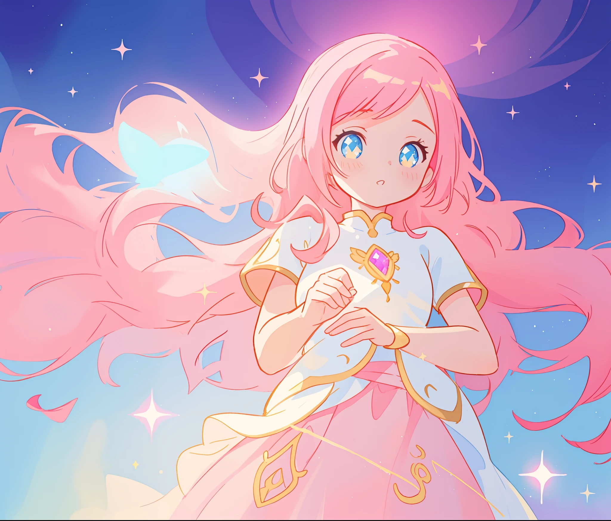 beautiful girl in white arabian two-piece dress, arabian princess, long colorful sparkling pink hair, watercolor illustration, Lois van Baarle, glowing aura around her, Glen Keane, jen bartel, glowing hair, beautiful digital illustration, fantasia background, beautiful, masterpiece, best quality, anime disney style, (detailed eyes), golden ratio, perfect composition