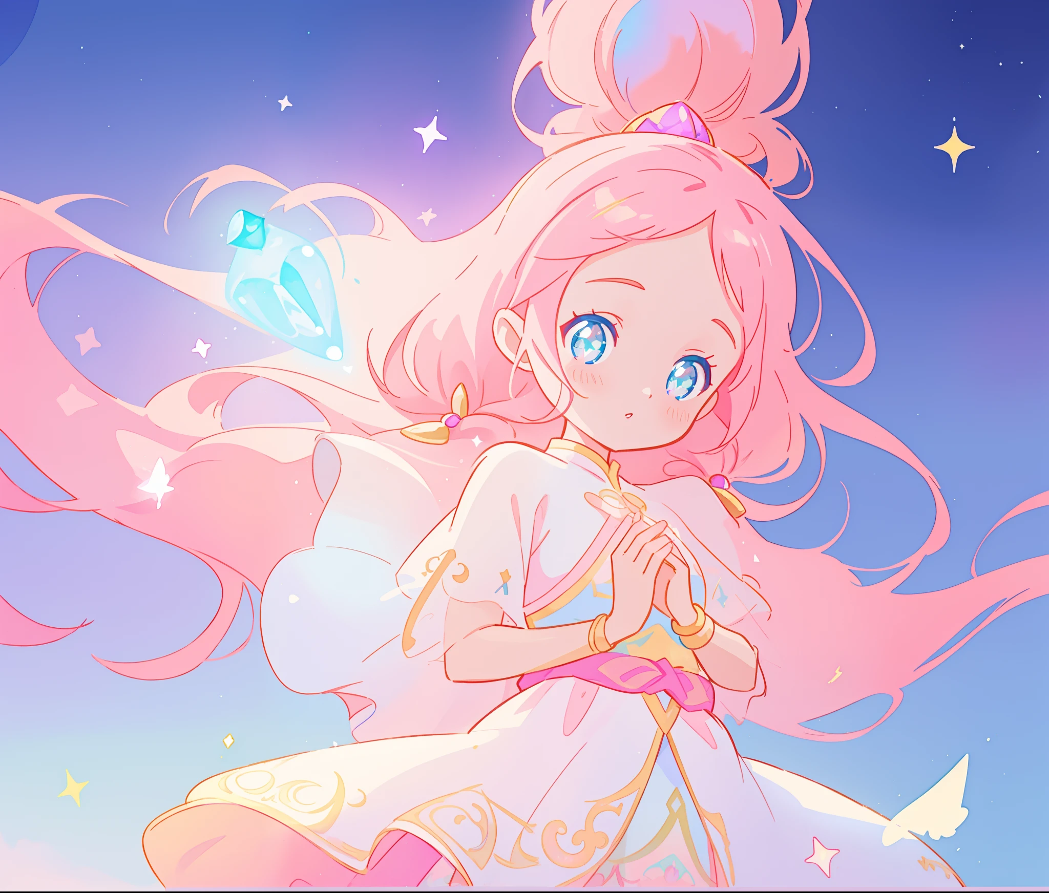 beautiful girl in white arabian two-piece dress, arabian princess, long colorful sparkling pink hair, watercolor illustration, Lois van Baarle, glowing aura around her, Glen Keane, jen bartel, glowing hair, beautiful digital illustration, fantasia background, beautiful, masterpiece, best quality, anime disney style, (detailed eyes), golden ratio, perfect composition