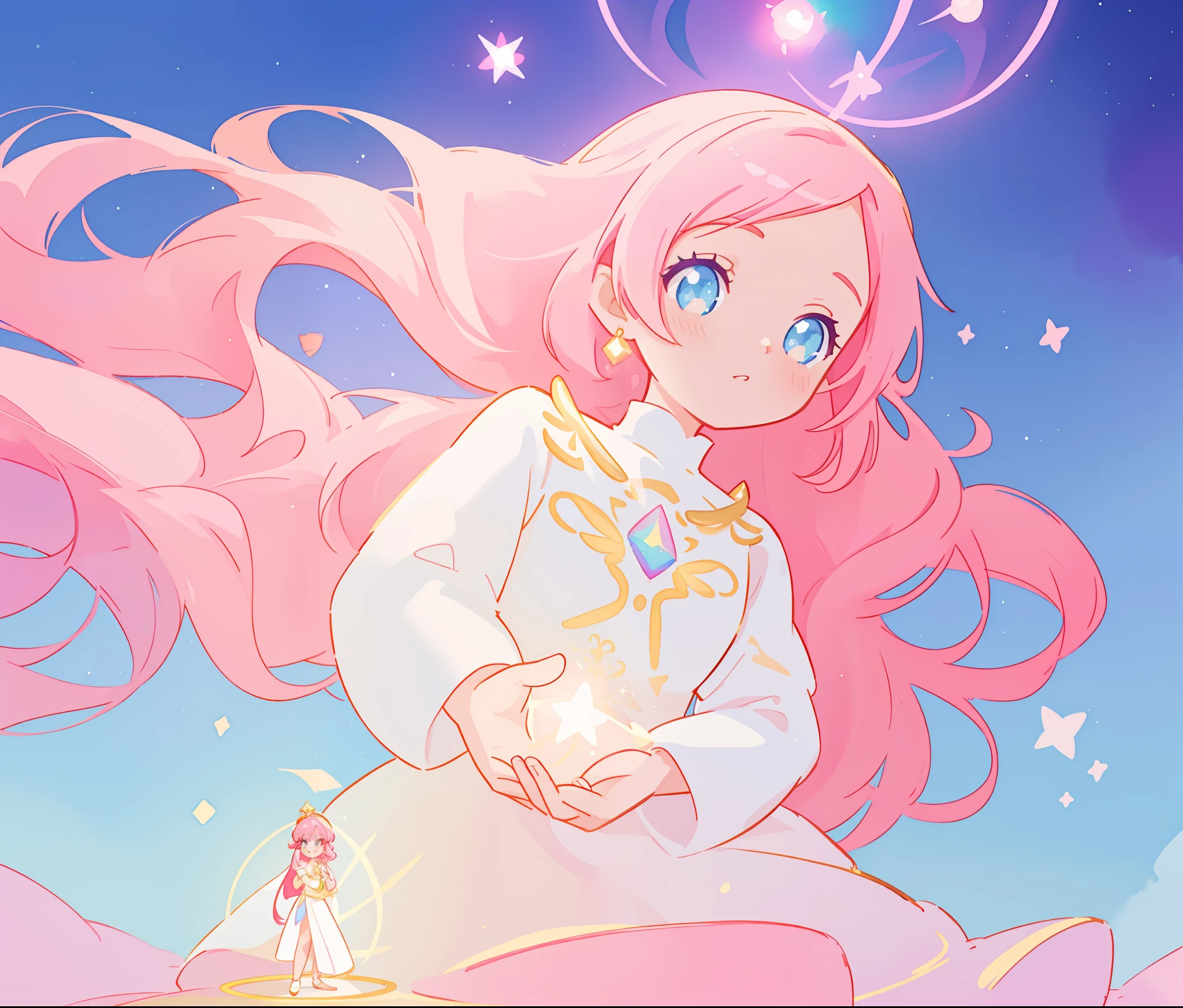 beautiful girl in white arabian two-piece dress, arabian princess, long colorful sparkling pink hair, watercolor illustration, Lois van Baarle, glowing aura around her, Glen Keane, jen bartel, glowing hair, beautiful digital illustration, fantasia background, beautiful, masterpiece, best quality, anime disney style, (detailed eyes), golden ratio, perfect composition