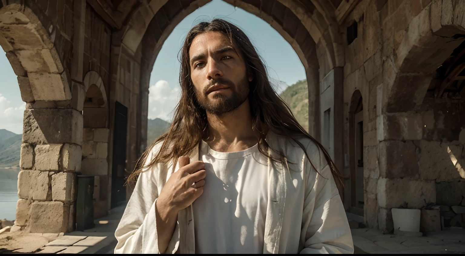 High definition image of Jesus Christ in a serene and awe-inspiring setting. Be sure to capture the essence of the peace and compassion it represents. Details such as facial expression, Clothing and environment are important to convey the message of hope. If possible, Include symbolic elements that refer to your message of love and redemption. Image quality is crucial; Make sure it's sharp and realistic. We appreciate your artistic skill in this project