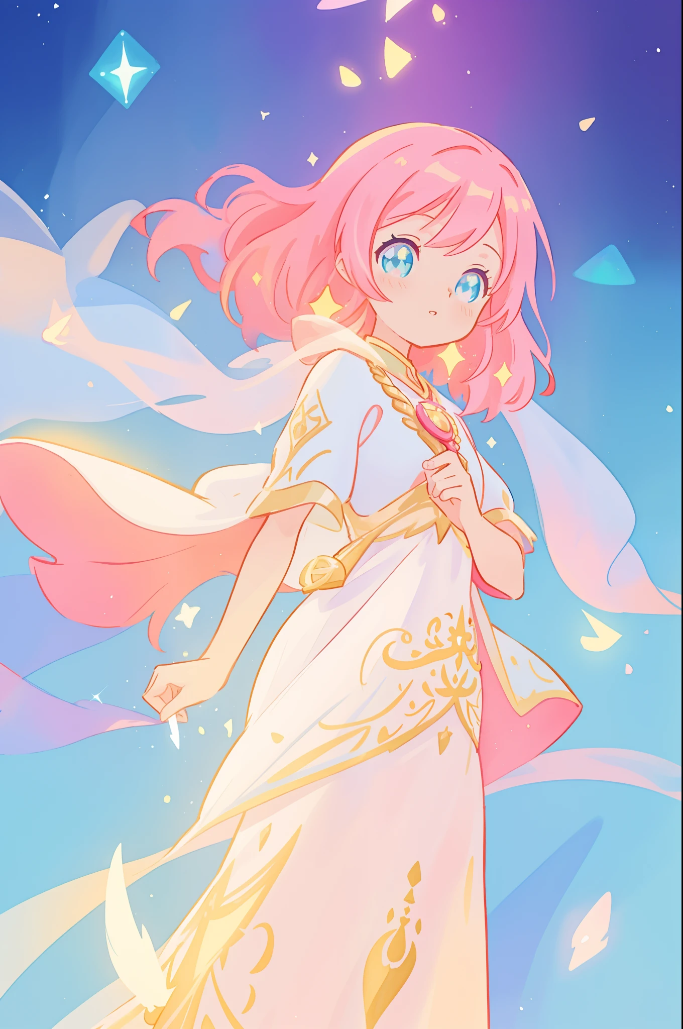 beautiful girl in white arabian two-piece dress, arabian princess, long colorful sparkling pink hair, watercolor illustration, Lois van Baarle, glowing aura around her, Glen Keane, jen bartel, glowing hair, beautiful digital illustration, fantasia background, beautiful, masterpiece, best quality, anime disney style, (detailed eyes), golden ratio, perfect composition