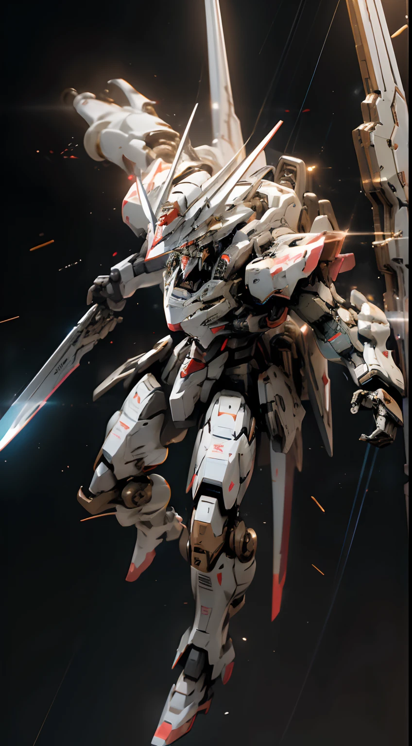 surrealism, Ray tracing, Photorealistic, nffsw, high detailing, 32K, Best Quality, Textured skin, Gundam Mech, flight, funnel, Brave Perspective Post, masutepiece, Best Quality, mechs, unmanned, (Full body), (Black Mecha: 1.5), (Axisymmetric: 1.4), (nffsw), (Movie Light: 1.1), Glowing eyes, Cool, Science fiction, funnel , universe, Oversized shield, Earth Background, with laser sword beam, karo, competition, weapon in hand (Has a huge arsenal: 1.5),(Fighting stance:1.1) , Dynamic Angle, (swirling energy:0.7)