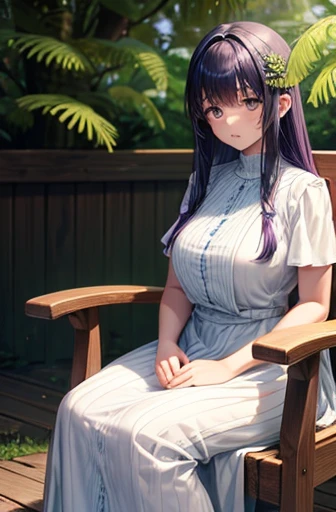 Fern is women. A picture of her whole body. She is breastfeeding now. Her height is 170cm and BMI is 25. Her hair is long with straight bangs. Her hair is violet. Fern is sitting on the wood chair. She is wearing a white long summer dress.NSFM