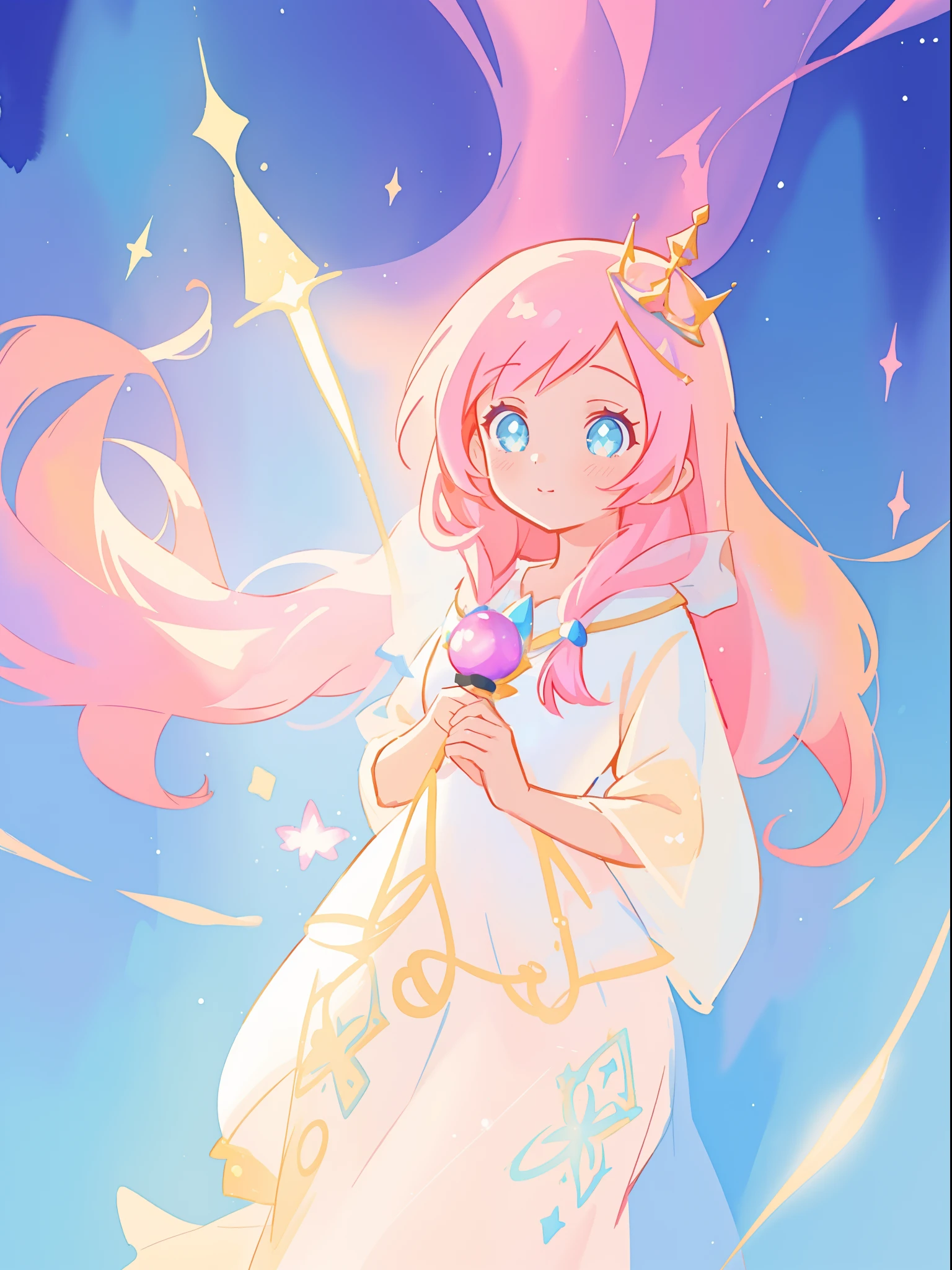 beautiful girl in white arabian two-piece dress, arabian princess, long colorful sparkling pink hair, watercolor illustration, Lois van Baarle, glowing aura around her, Glen Keane, jen bartel, glowing hair, beautiful digital illustration, fantasia background, beautiful, masterpiece, best quality, anime disney style, (detailed eyes), golden ratio, perfect composition