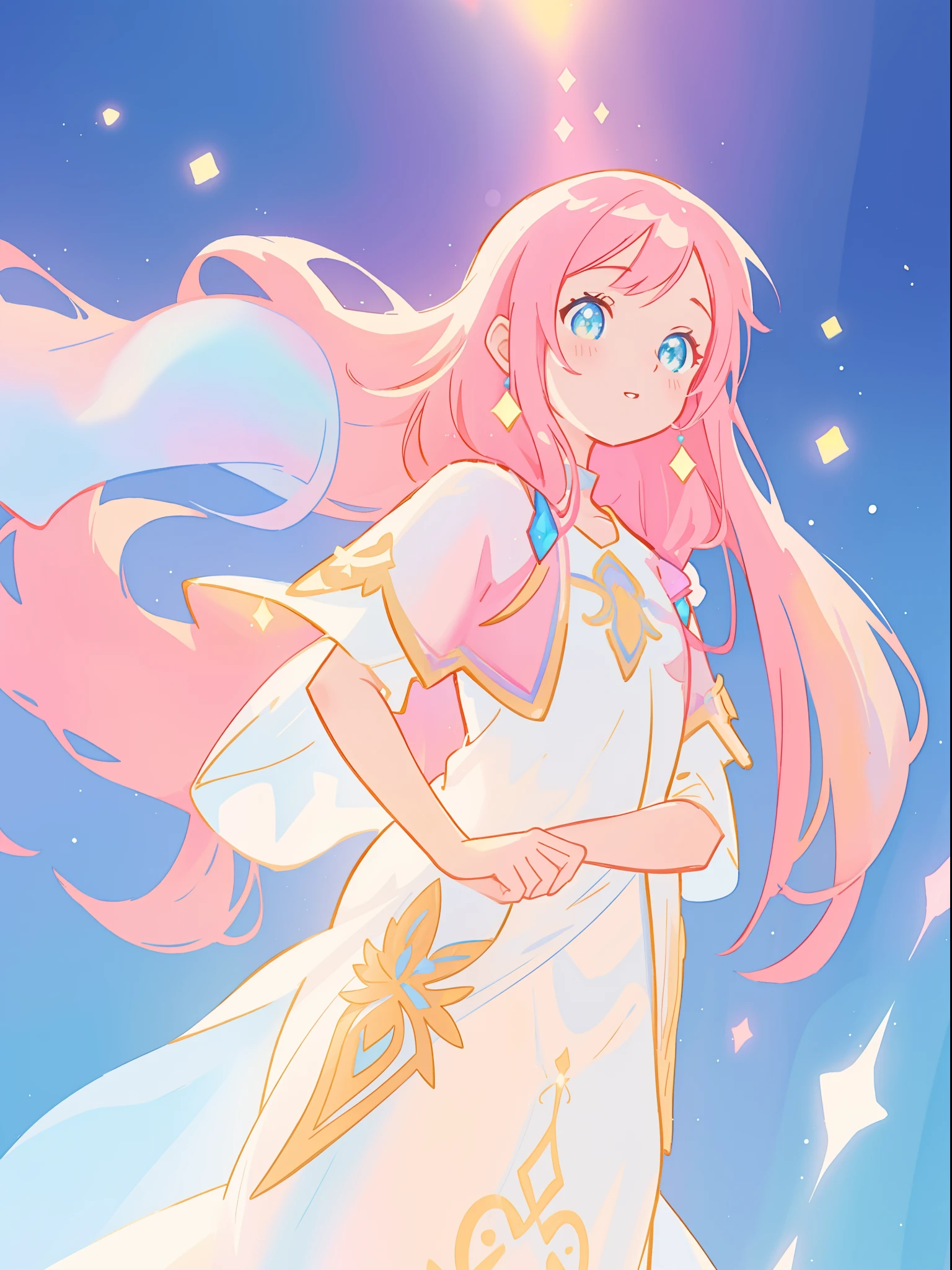 beautiful girl in white arabian two-piece dress, arabian princess, long colorful sparkling pink hair, watercolor illustration, Lois van Baarle, glowing aura around her, Glen Keane, jen bartel, glowing hair, beautiful digital illustration, fantasia background, beautiful, masterpiece, best quality, anime disney style, (detailed eyes), golden ratio, perfect composition