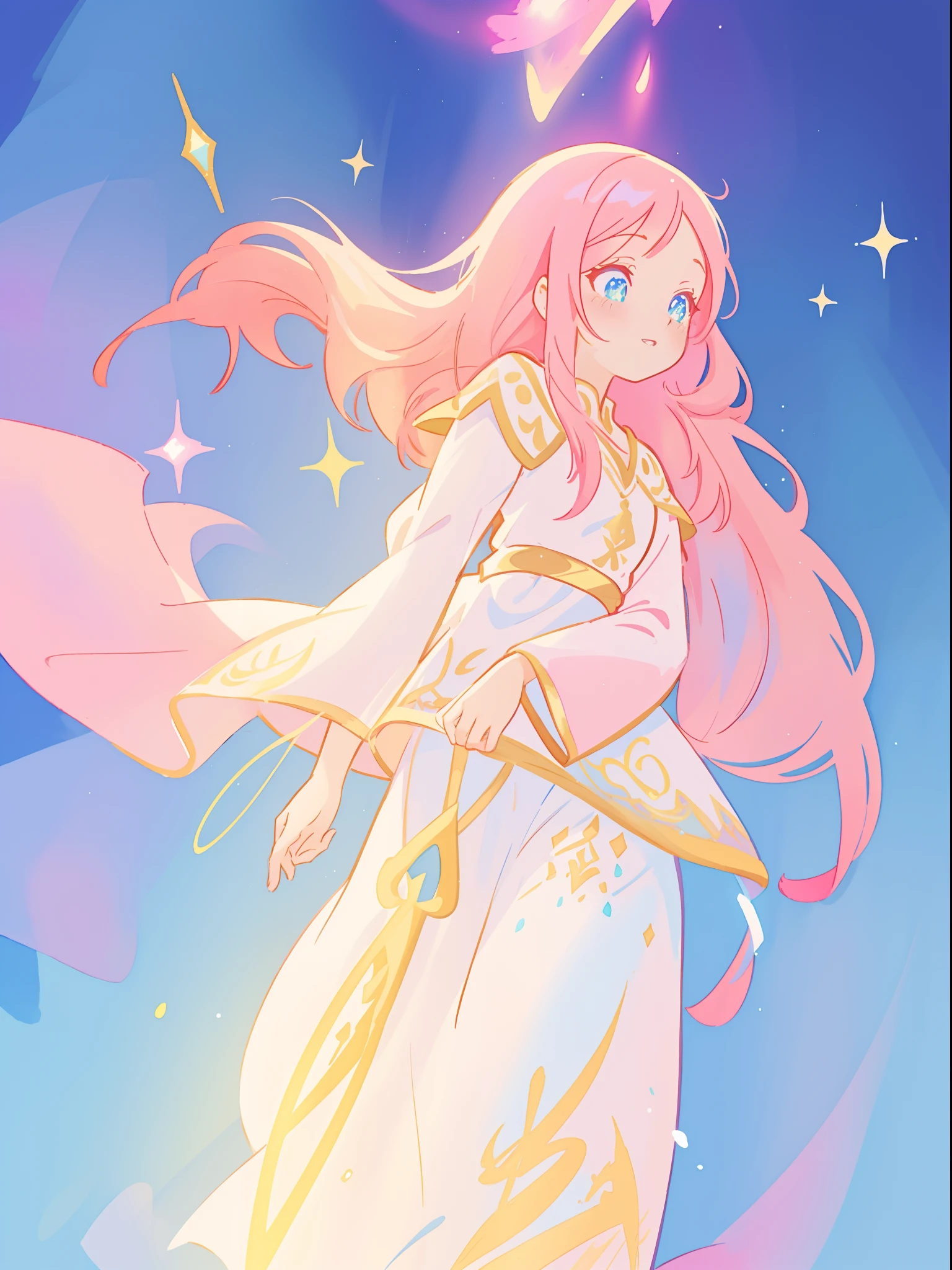 beautiful girl in white arabian two-piece dress, arabian princess, long colorful sparkling pink hair, watercolor illustration, Lois van Baarle, glowing aura around her, Glen Keane, jen bartel, glowing hair, beautiful digital illustration, fantasia background, beautiful, masterpiece, best quality, anime disney style, (detailed eyes), golden ratio, perfect composition