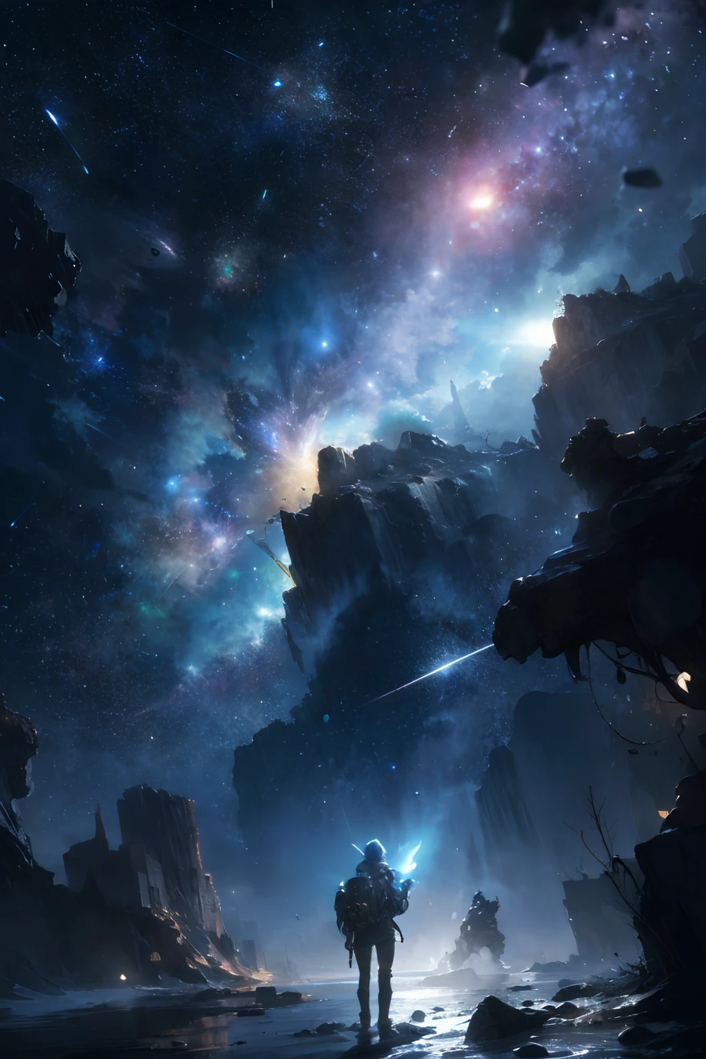 Draw a young female explorer, standing on a research platform floating in the middle of a futuristic cosmic asteroid belt, turn her back on viewers , from behind,surrounded by several cosmic asteroid meteor showers glowing with fiery cosmic auras BREAK Dramatic cinematic lighting from distant shooting stars and planets illuminates the scene, casting deep shadows on the suit, looking at the vast and mysterious cosmic psychedelic universe with wonder and respect,BREAK,Detailed,Realistic,4k highly detailed digital art,octane render, bioluminescent, BREAK 8K resolution concept art, realism,by Mappa studios,masterpiece,best quality,official art,illustration,ligne claire,(cool_color),perfect composition,absurdres,cosmic,fantasy,focused,rule of thirds