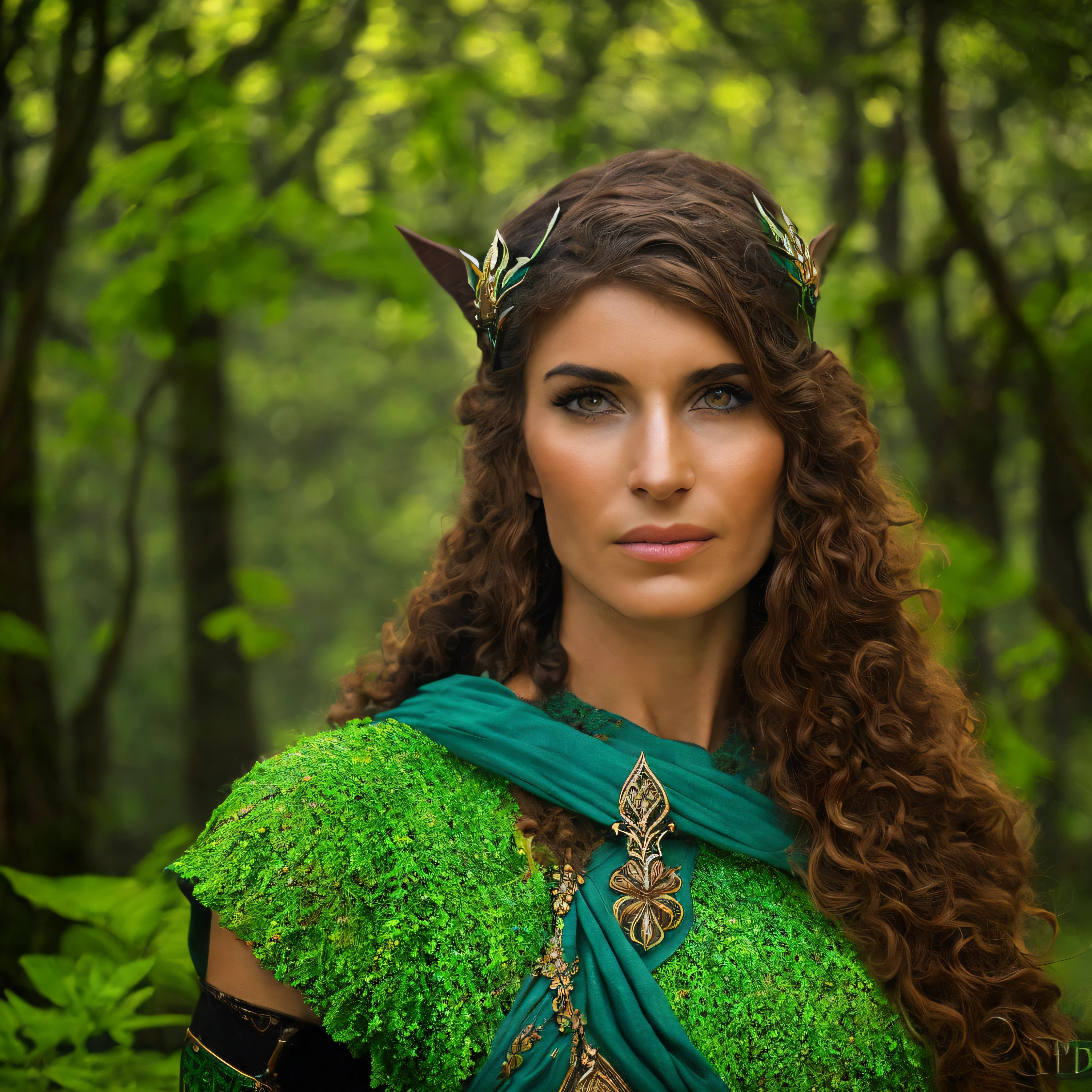 uma mulher muito bonita, sorrindo, roupa celta pequena, uma guerreira viking sentada perto de um arbusto ao amanhecer no meio de uma floresta, The vegetation is green and the lights pass through the leaves of the trees, A soft mist covers the environment, roupas pretas, tatuagens celtas por todo o corpo. colorido, bidimensional,