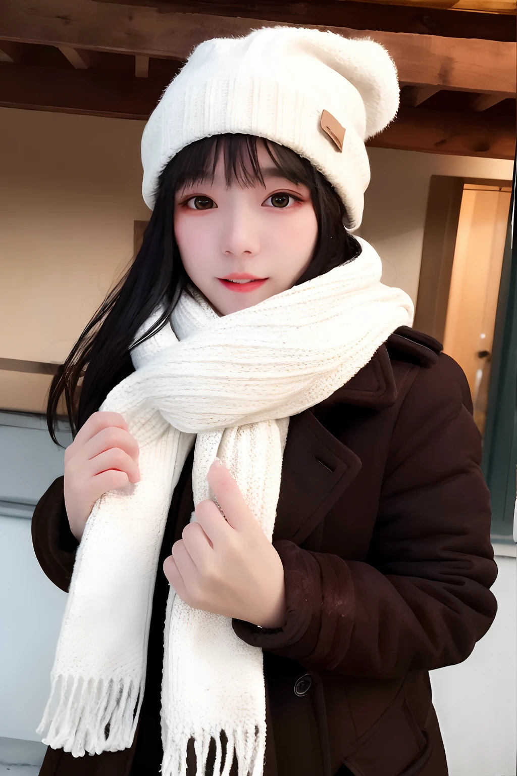 Masterpiece, Best Quality, 1girl, Solo, Brunet, Scarf, Hat, Realistic, Look at the Audience, Black Eyes, Long Hair, Coat, Winter Wear, White Scarf, Lips, Bangs, Outdoor, Shut Up,