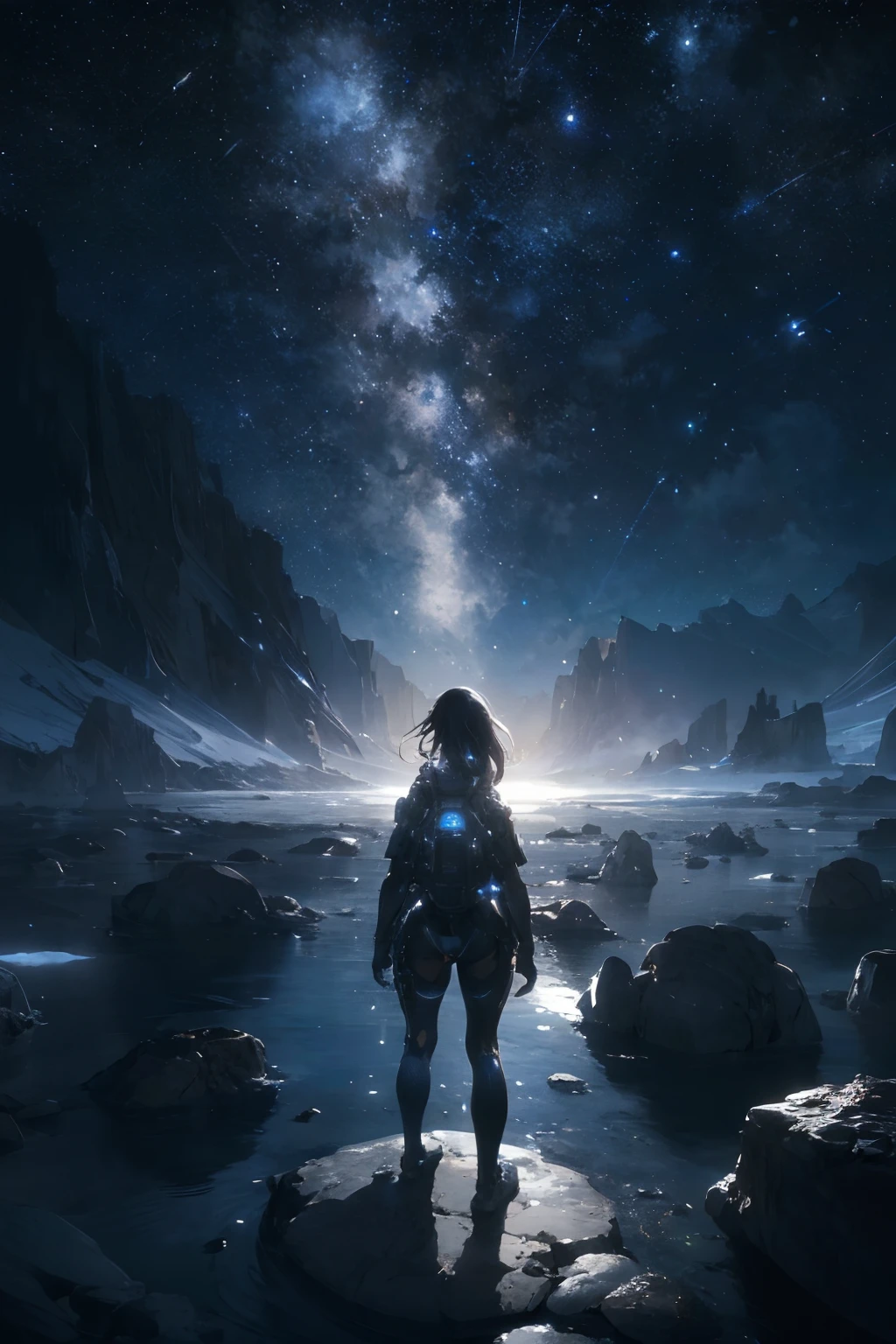 Draw a young female explorer, standing on a research platform floating in the middle of a futuristic cosmic asteroid belt, turn her back on viewers , from behind,surrounded by several cosmic asteroid meteor showers glowing with fiery cosmic auras BREAK Dramatic cinematic lighting from distant shooting stars and planets illuminates the scene, casting deep shadows on the suit, looking at the vast and mysterious cosmic psychedelic universe with wonder and respect,BREAK,Detailed,Realistic,4k highly detailed digital art,octane render, bioluminescent, BREAK 8K resolution concept art, realism,by Mappa studios,masterpiece,best quality,official art,illustration,ligne claire,(cool_color),perfect composition,absurdres,cosmic,fantasy,focused,rule of thirds