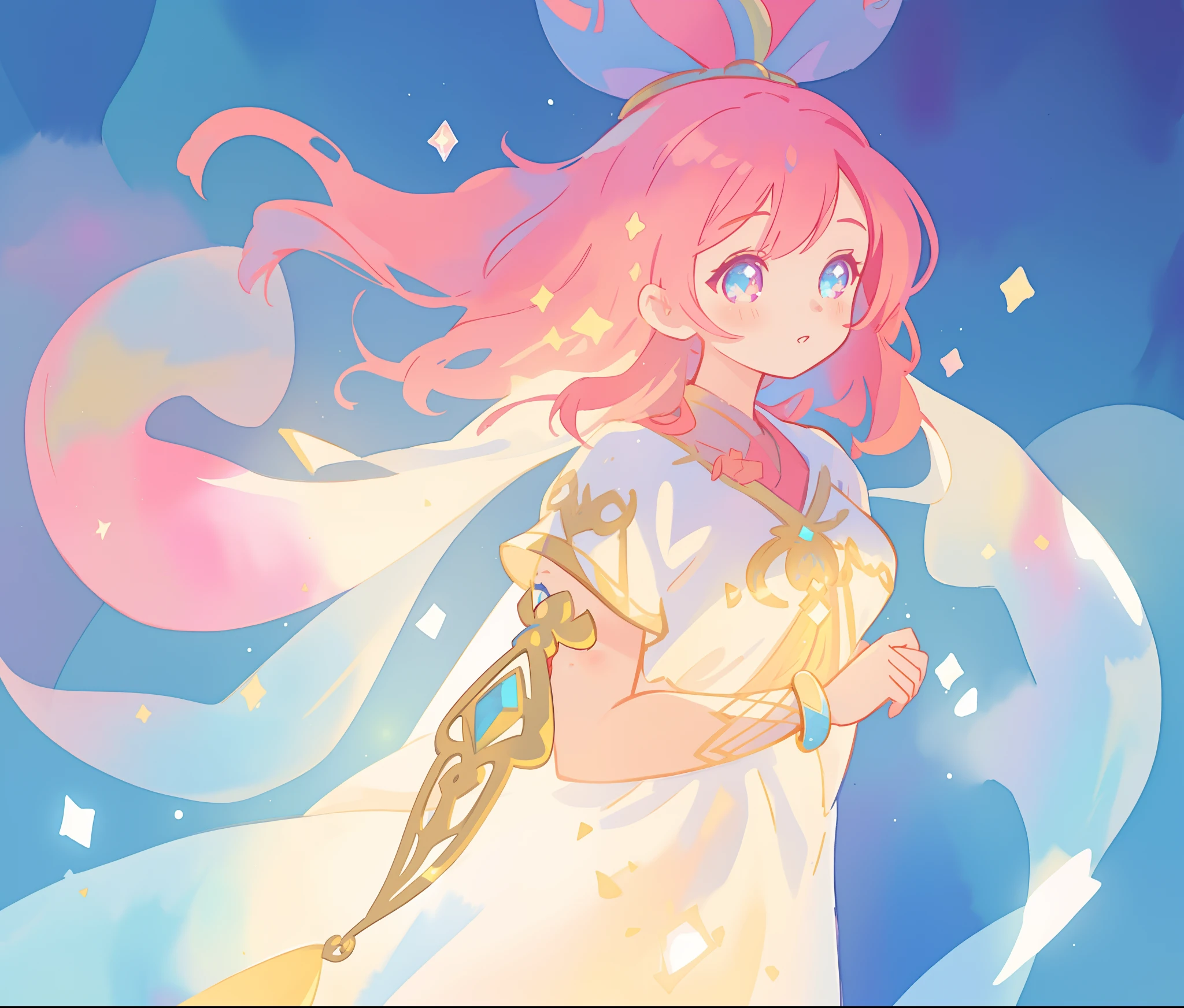 beautiful girl in white fantasy arabian dress, arabian princess, long colorful sparkling pink hair, watercolor illustration, Lois van Baarle, glowing aura around her, Glen Keane, jen bartel, glowing hair, beautiful digital illustration, fantasia background, beautiful, masterpiece, best quality, anime disney style, (detailed eyes), golden ratio, perfect composition