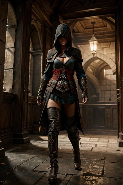 assassin's creed era, assassin's creed hood, sexy woman,30 y.o.,small tits, cleavage, bottomless outfit, best quality, dark and mysterious, intense action, stealth mode, ancient architecture, dramatic lighting, hidden blades, parkour, historical setting, highly detailed, vibrant colors, dynamic poses, assassin brotherhood, famous landmarks, epic battles, iconic insignia, Renaissance period, immersive atmosphere.