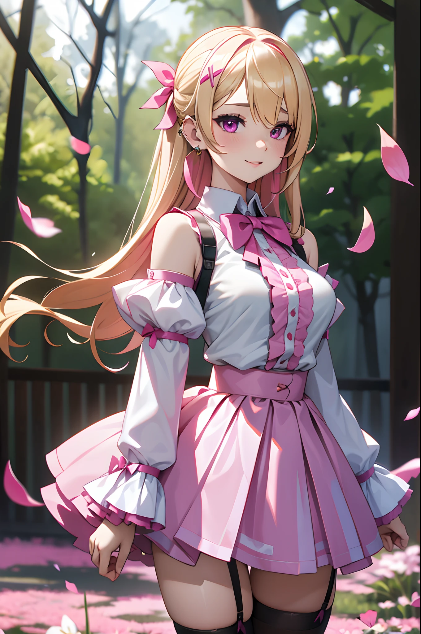 1girl, solo, jirai kei, pink top, bow tie, long hair, streaky hair, pink streaks, blonde hair, thick lips, pink eyes, heterochromia, light smile, cowboy shot, hair clips, garter belt, fishnets outdoors, forest, flower petals, ray tracing, long sleeve shirt, miniskirt, bare shoulder, huge breasts, realistic, hair ribbons, ear piercings