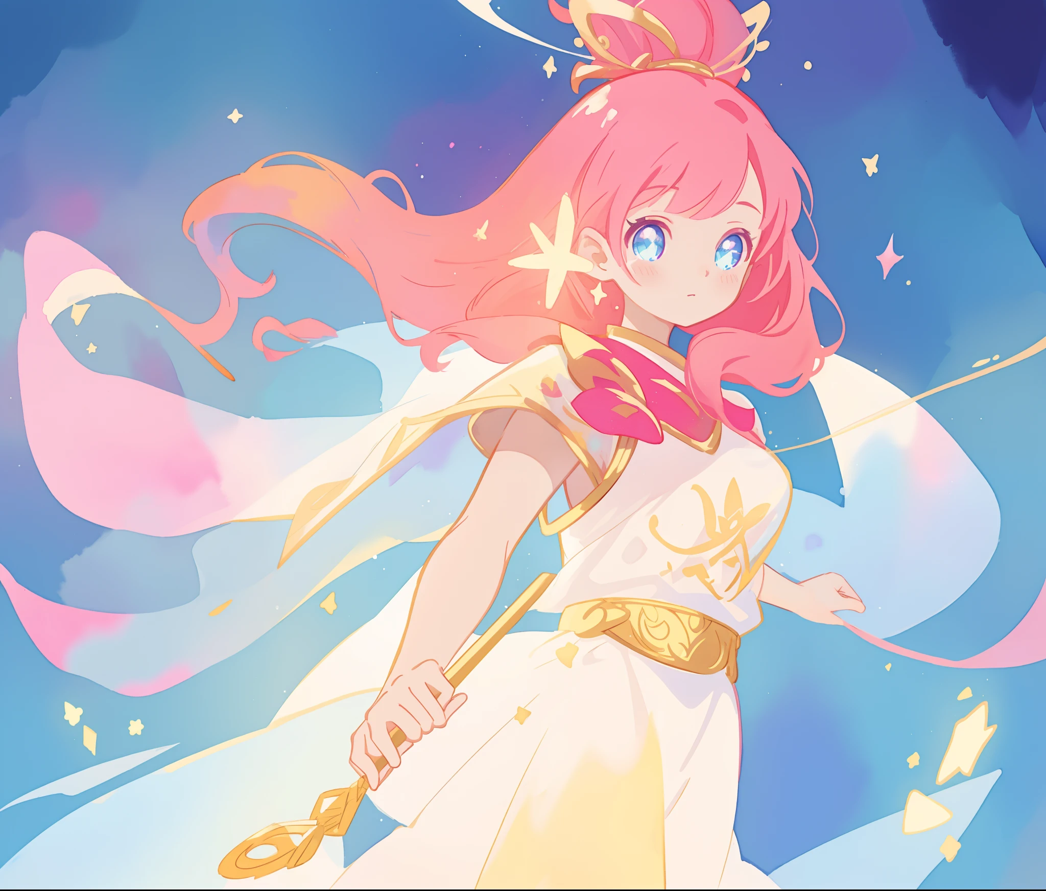 beautiful girl in white fantasy arabian dress, arabian princess, long colorful sparkling pink hair, watercolor illustration, Lois van Baarle, glowing aura around her, Glen Keane, jen bartel, glowing hair, beautiful digital illustration, fantasia background, beautiful, masterpiece, best quality, anime disney style, (detailed eyes), golden ratio, perfect composition