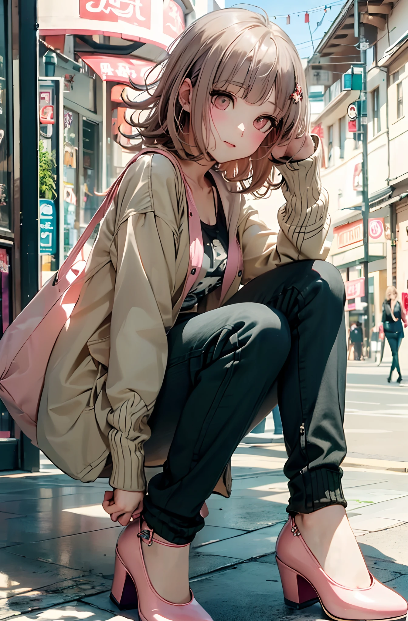 Chiaki nanami en un centro comercial con ropa informal, Pelo corto rosa, ojos rosados, flequillo, Horquilla, air particles, 20 yrs old girl , ((Blusa verde oliva, vaqueros, high-heeled shoes, bolso de mano rosa, senos medianos, Abrigo beige:1.2)),Chiaki Nanami, Nanami Chiaki, ((1girl)) ((solamente:1.6)), Filtro Clarendon