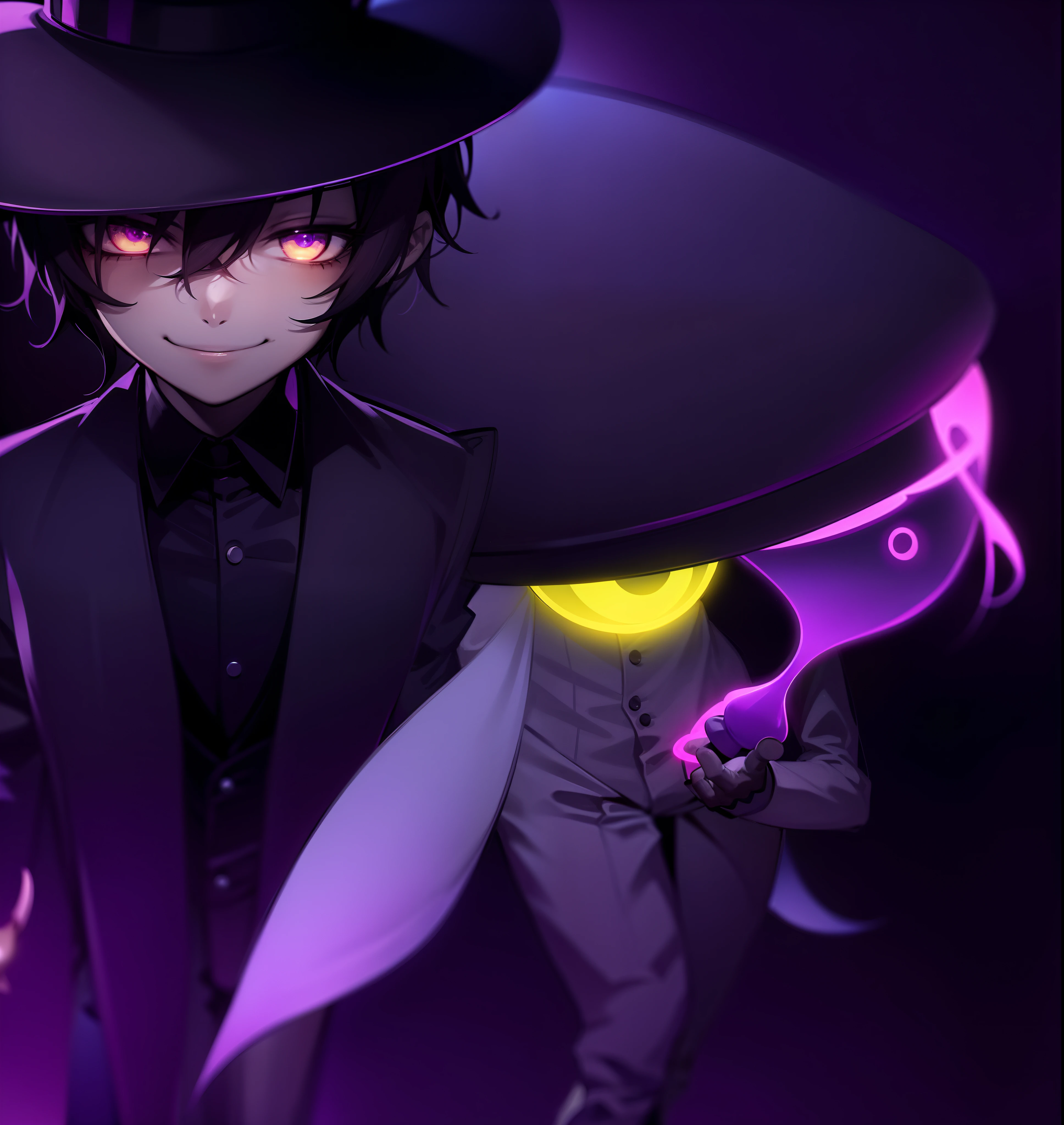 A 2d drawing of a ghost boy in a top hat and a magic hourglass of time with his purple umbrella with neon yellow handle with a purple cloth cape smiling in a space with a puppet