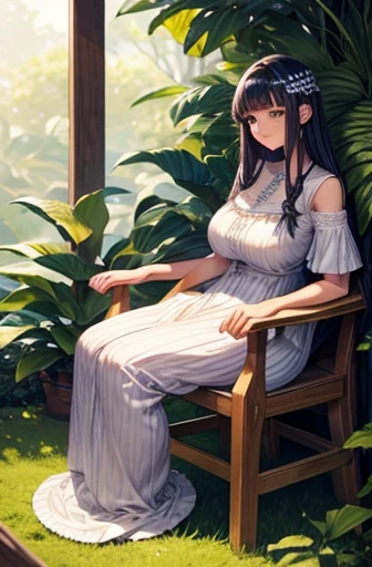 Fern is women. A picture of her whole body. She is breast-feeding. She is breastfeeding now. Her height is 170cm and BMI is 25. Her hair is long with straight bangs. Her hair is violet. Fern is sitting on the wood chair. She is wearing a white long summer dress.NSFM