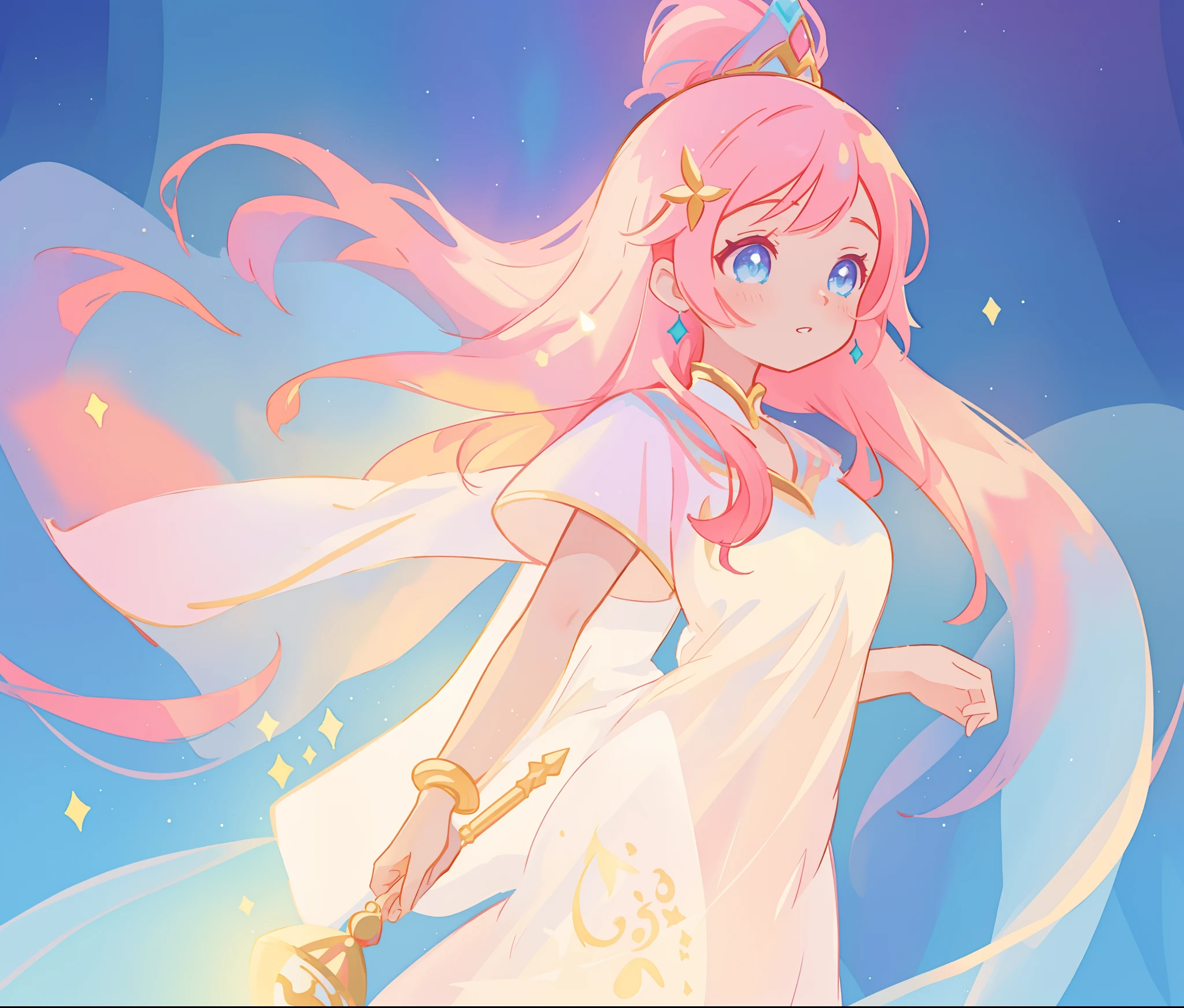 beautiful girl in white arabian two-piece dress, arabian princess, long colorful sparkling pink hair, watercolor illustration, Lois van Baarle, glowing aura around her, Glen Keane, jen bartel, glowing hair, beautiful digital illustration, fantasia background, beautiful, masterpiece, best quality, anime disney style, (detailed eyes), golden ratio, perfect composition