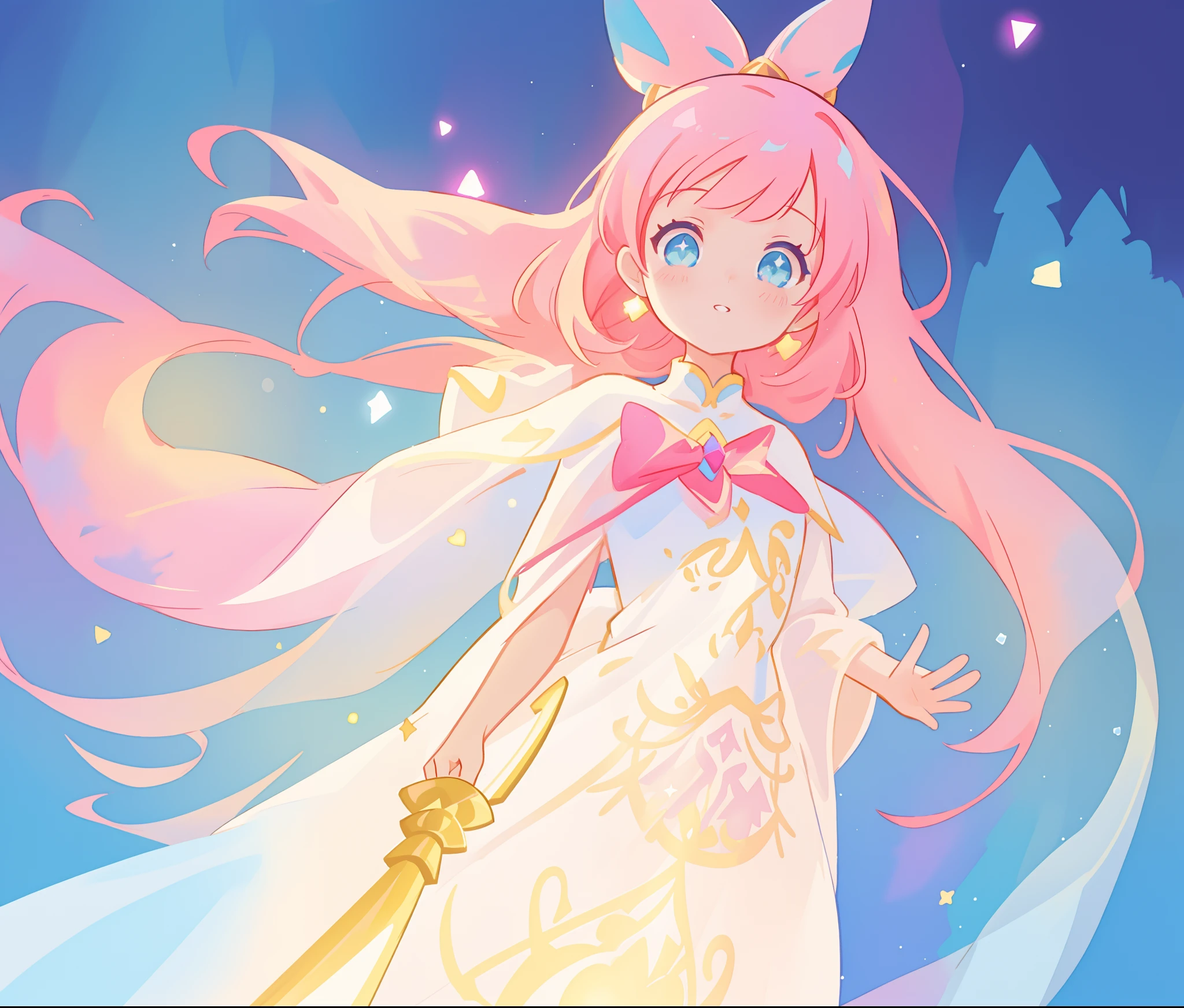 beautiful girl in white arabian two-piece dress, arabian princess, long colorful sparkling pink hair, watercolor illustration, Lois van Baarle, glowing aura around her, Glen Keane, jen bartel, glowing hair, beautiful digital illustration, fantasia background, beautiful, masterpiece, best quality, anime disney style, (detailed eyes), golden ratio, perfect composition