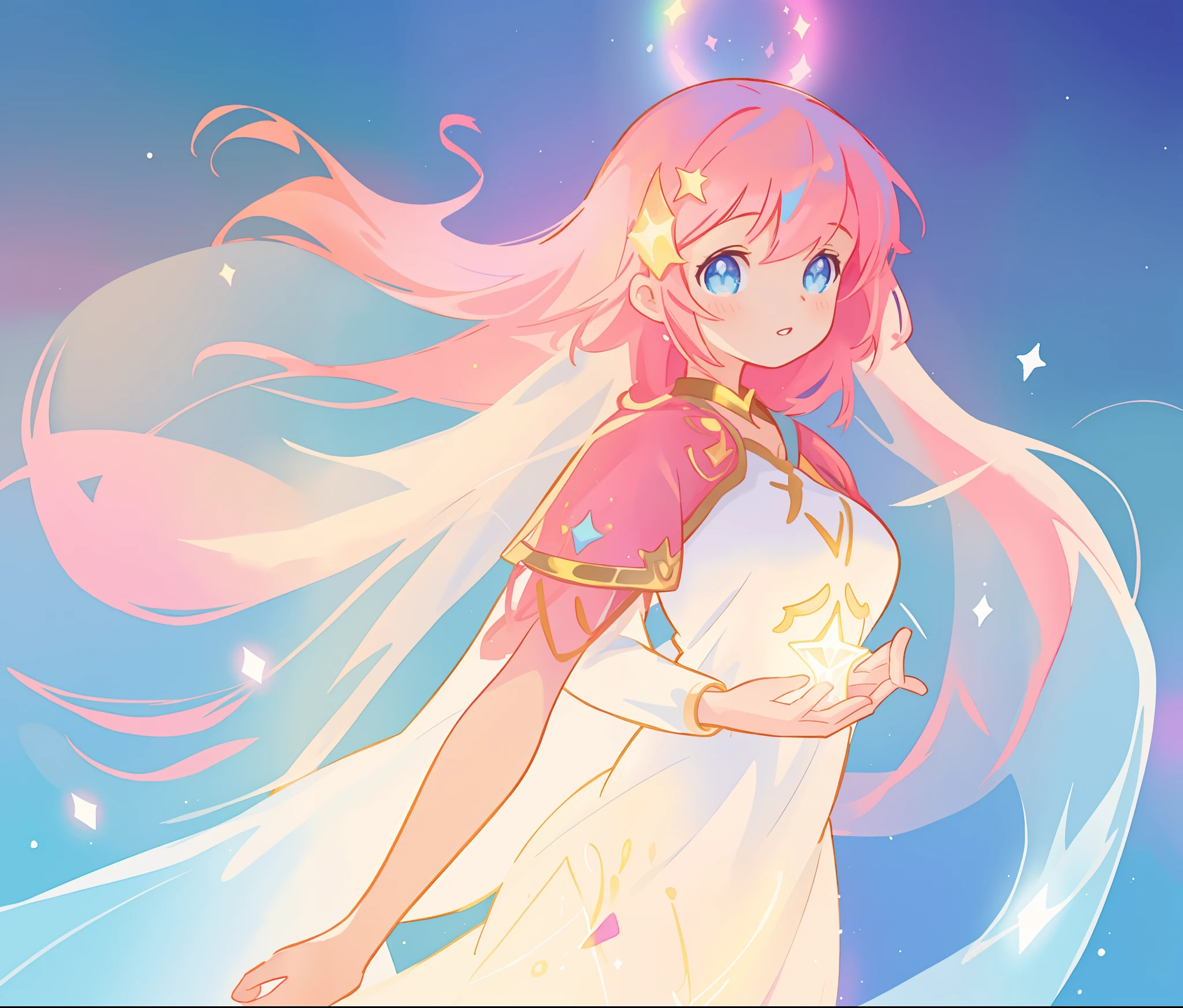 beautiful girl in white arabian two-piece dress, arabian princess, long colorful sparkling pink hair, watercolor illustration, Lois van Baarle, glowing aura around her, Glen Keane, jen bartel, glowing hair, beautiful digital illustration, fantasia background, beautiful, masterpiece, best quality, anime disney style, (detailed eyes), golden ratio, perfect composition