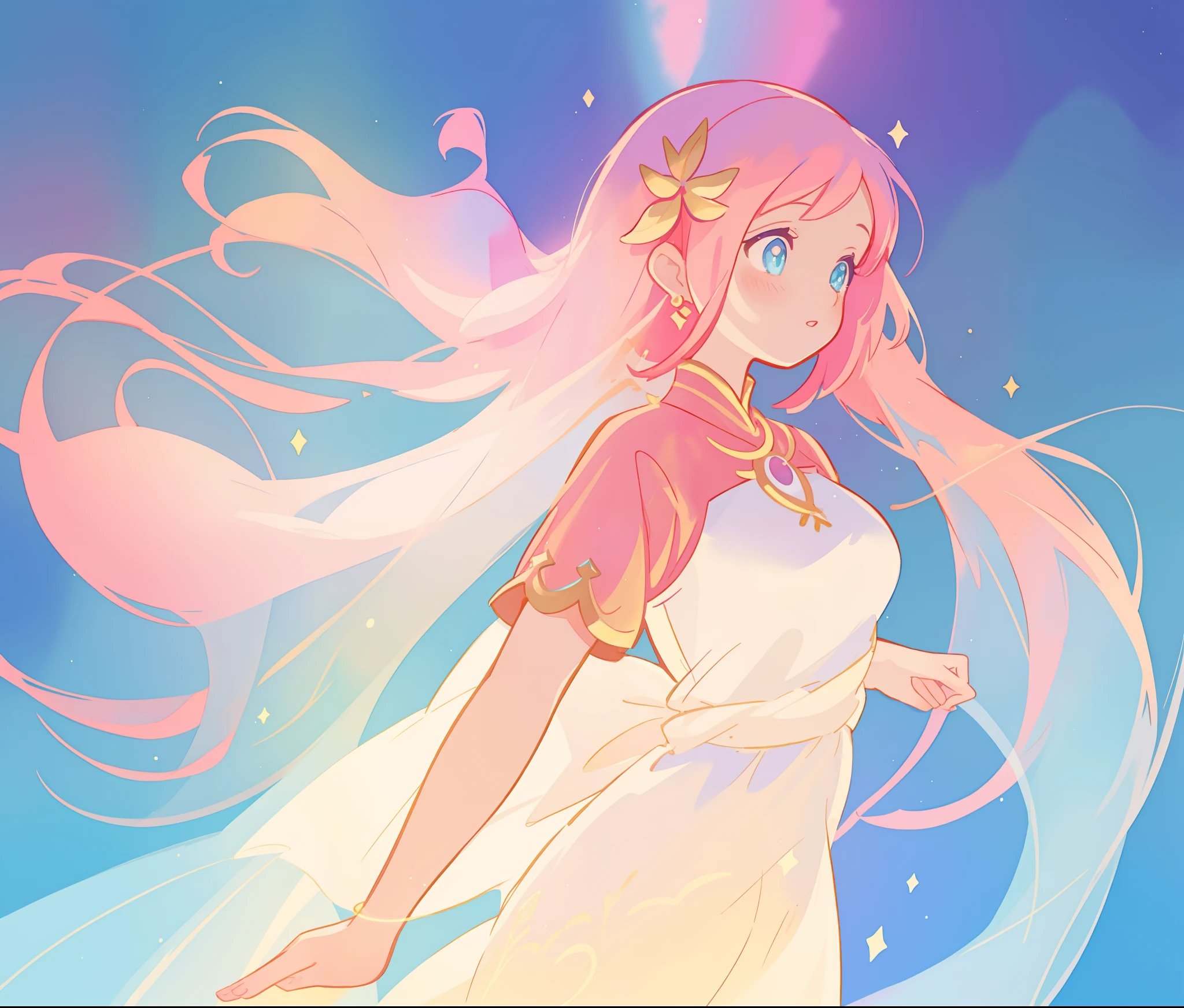 beautiful girl in white arabian two-piece dress, arabian princess, long colorful sparkling pink hair, watercolor illustration, Lois van Baarle, glowing aura around her, Glen Keane, jen bartel, glowing hair, beautiful digital illustration, fantasia background, beautiful, masterpiece, best quality, anime disney style, (detailed eyes), golden ratio, perfect composition