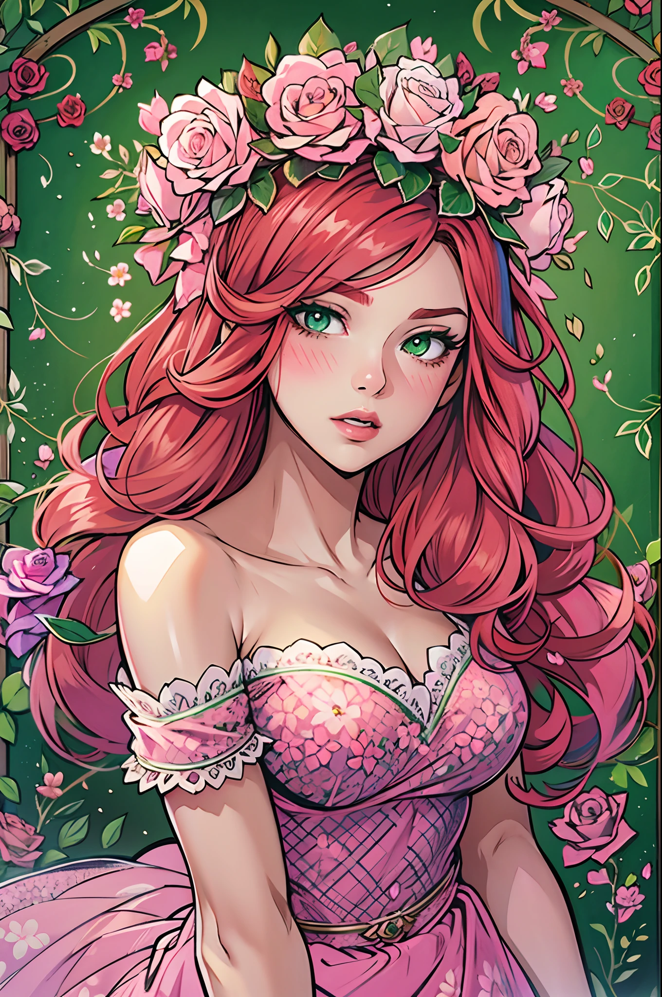 beautiful, redhead, long hair, side part hairstyle, dark green eyes, flower crown, pink roses
