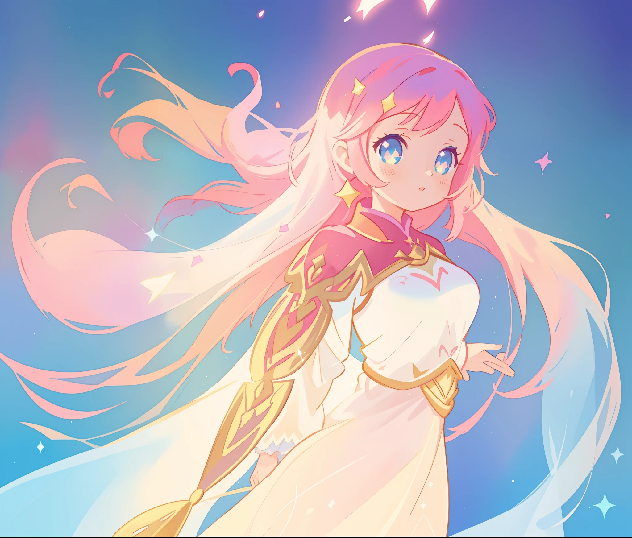 beautiful girl in white arabian two-piece dress, arabian princess, long colorful sparkling pink hair, watercolor illustration, Lois van Baarle, glowing aura around her, Glen Keane, jen bartel, glowing hair, beautiful digital illustration, fantasia background, beautiful, masterpiece, best quality, anime disney style, (detailed eyes), golden ratio, perfect composition