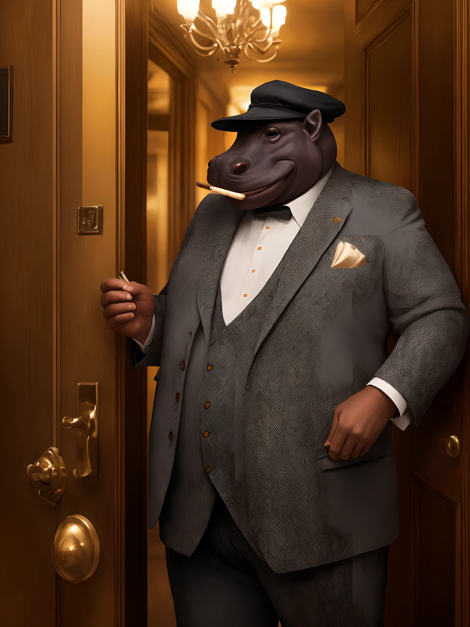 Hippo person, portly build, speakeasy doorman, wearing a herringbone cap and vest, cigar in mouth and holding a rifle