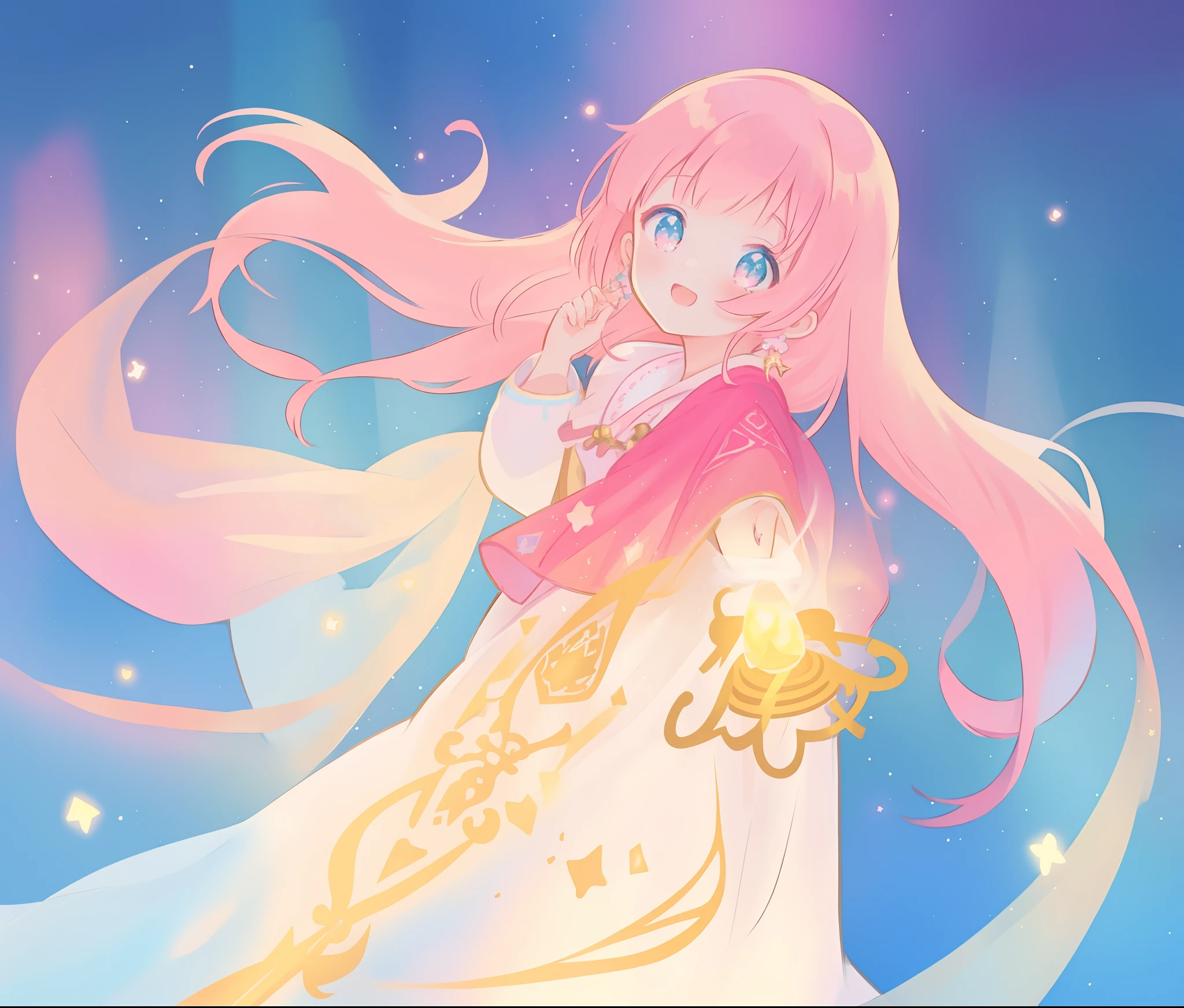 beautiful girl in white arabian dress, arabian princess, long colorful sparkling pink hair, watercolor illustration, Lois van Baarle, glowing aura around her, Glen Keane, jen bartel, glowing hair, beautiful digital illustration, fantasia background, beautiful, masterpiece, best quality, anime disney style, (detailed eyes), golden ratio, perfect composition