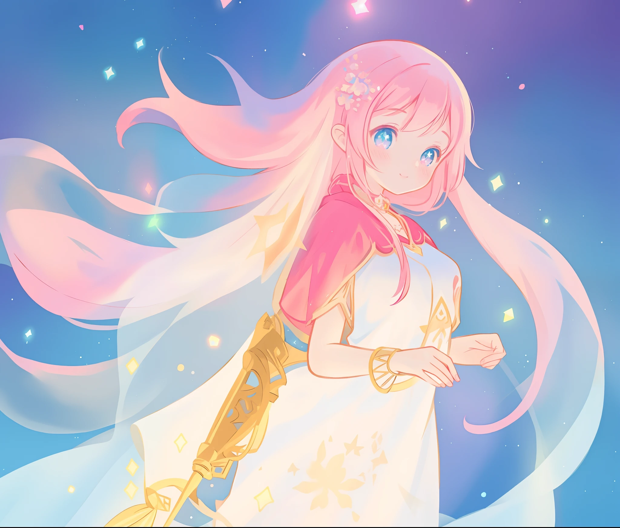 beautiful girl in white arabian dress, arabian princess, long colorful sparkling pink hair, watercolor illustration, Lois van Baarle, glowing aura around her, Glen Keane, jen bartel, glowing hair, beautiful digital illustration, fantasia background, beautiful, masterpiece, best quality, anime disney style, (detailed eyes), golden ratio, perfect composition