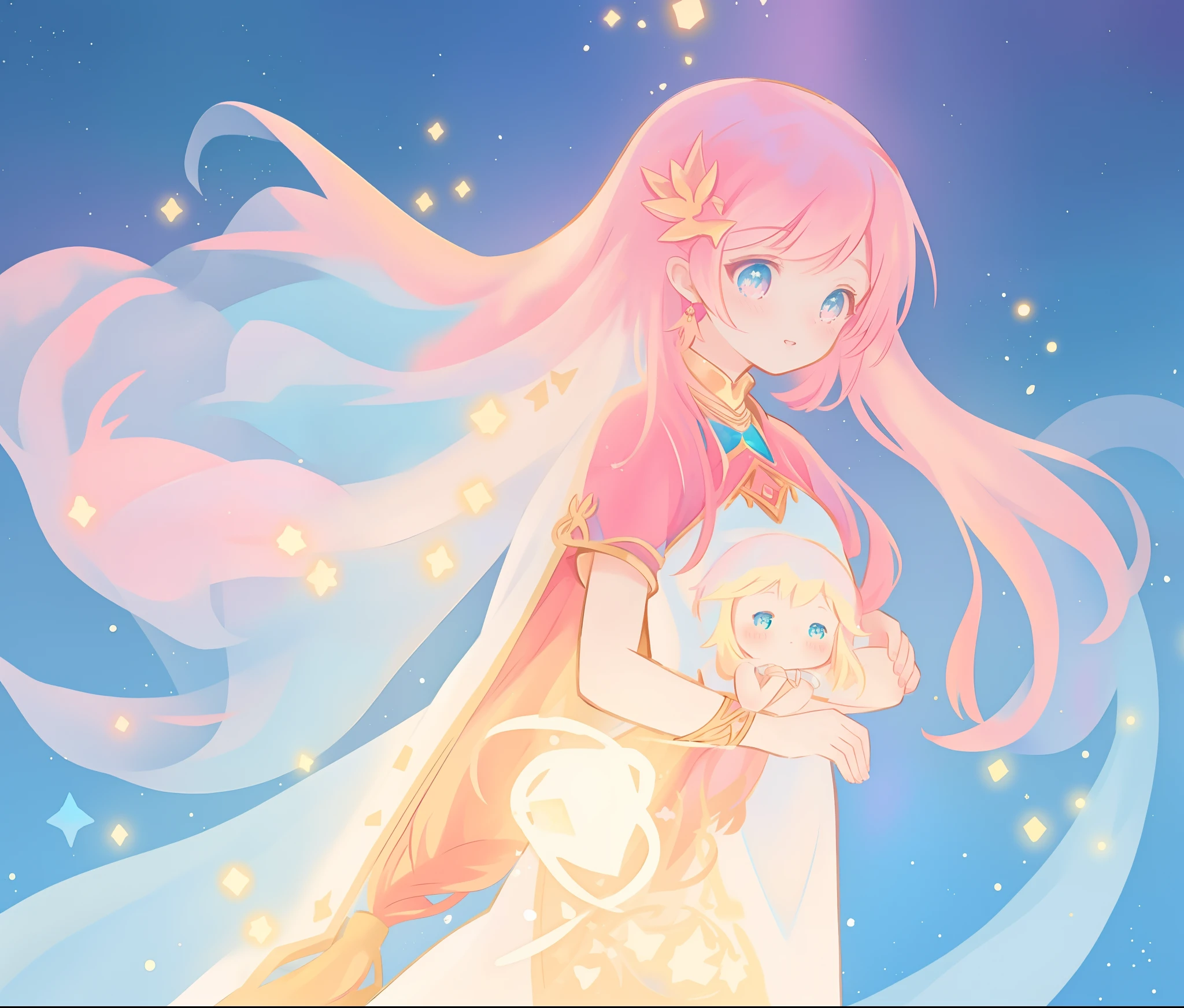 beautiful girl in white arabian dress, arabian princess, long colorful sparkling pink hair, watercolor illustration, Lois van Baarle, glowing aura around her, Glen Keane, jen bartel, glowing hair, beautiful digital illustration, fantasia background, beautiful, masterpiece, best quality, anime disney style, (detailed eyes), golden ratio, perfect composition