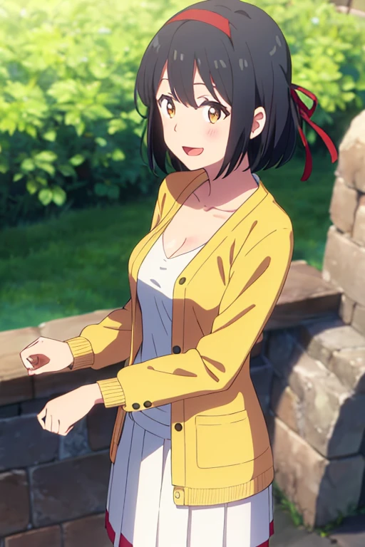 1girl, black hair, bobbed short hair, red headband with red ribbon, brown eyes, open mouth :D, medium breast, long sleeve yellow cardigan, open shirt, white skirt, cleavage, cute, outdoors