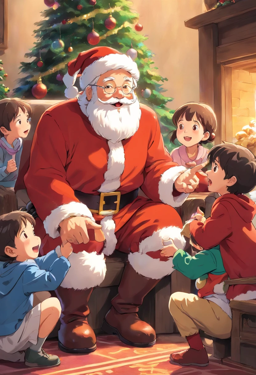 Capture a candid shot of Santa Claus interacting with children, capturing their joy and excitement.
