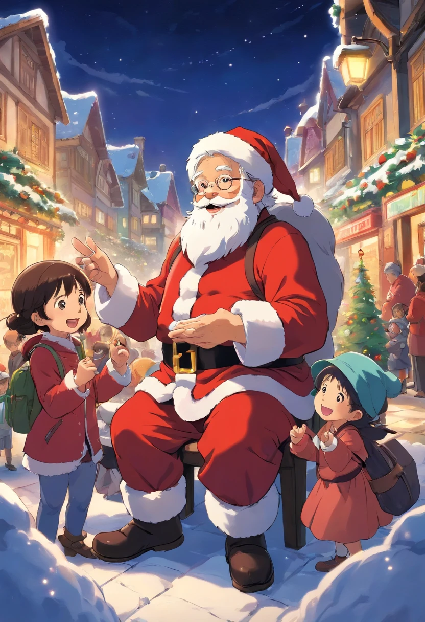 Capture a candid shot of Santa Claus interacting with children, capturing their joy and excitement.