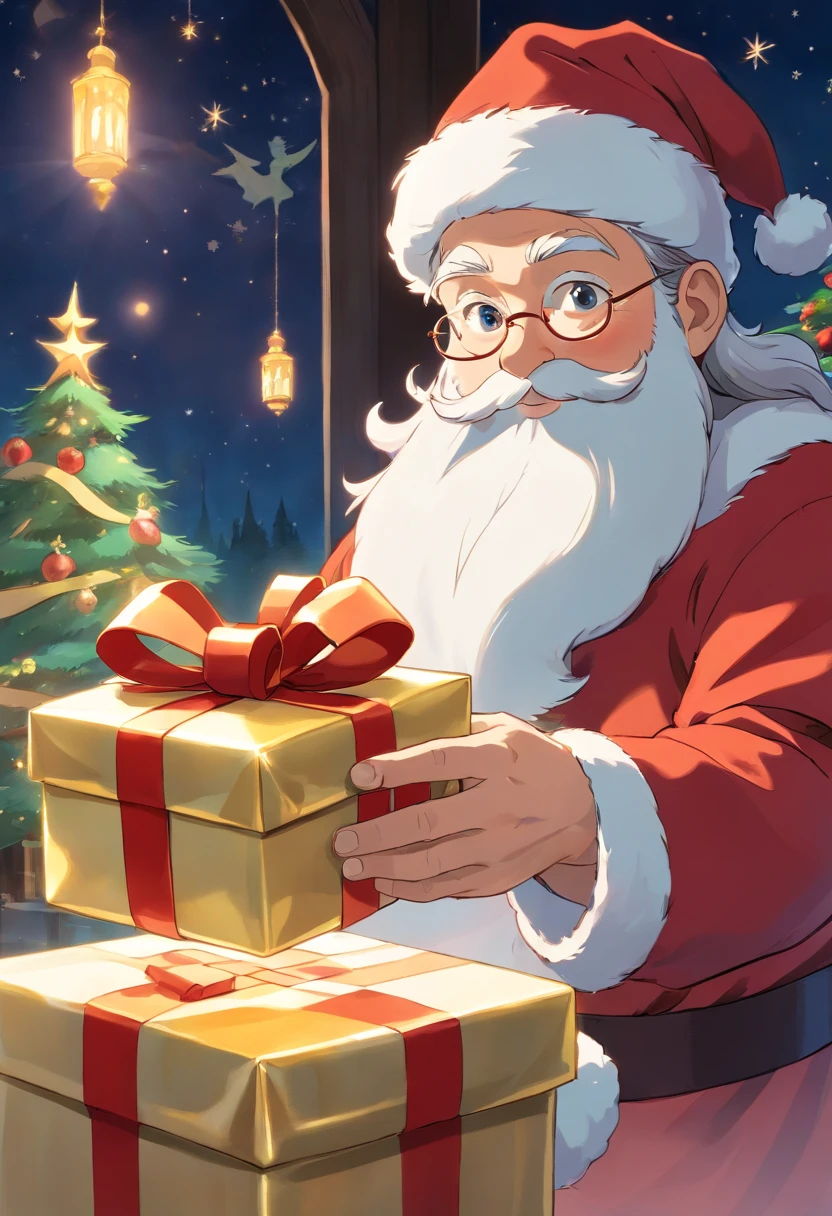 Capture a detail shot of Santa Claus’s hands as he holds a beautifully wrapped gift, showcasing the magic of giving