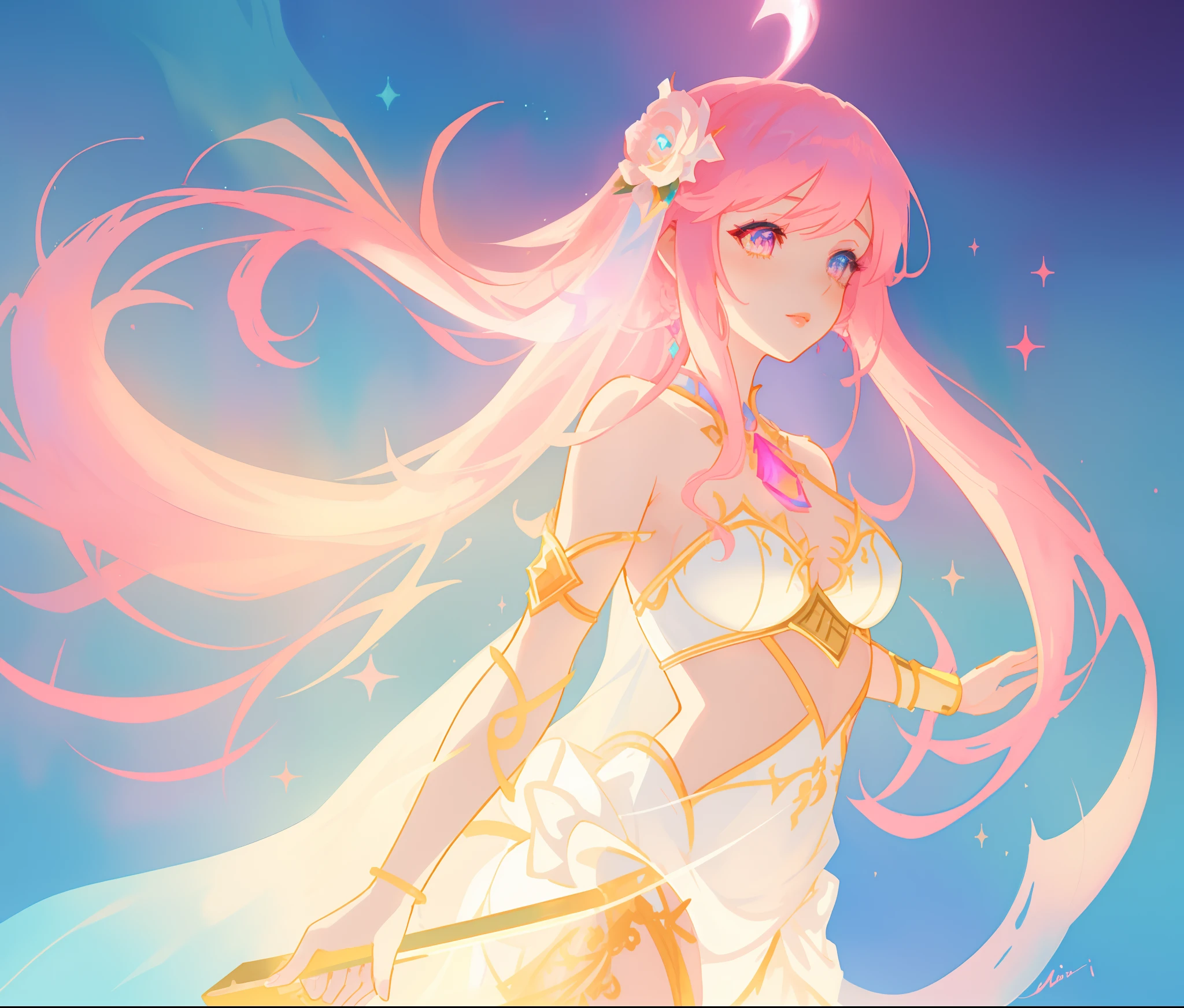 beautiful girl in white arabian dancer two piece dress, arabian princess, long colorful sparkling pink hair, watercolor illustration, Lois van Baarle, glowing aura around her, Glen Keane, jen bartel, glowing hair, beautiful digital illustration, fantasia background, beautiful, masterpiece, best quality, anime disney style, (detailed eyes)