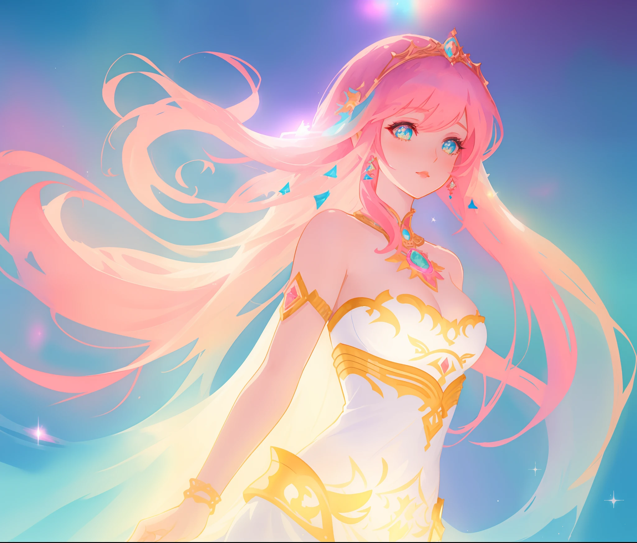 beautiful girl in white arabian dancer two piece dress, arabian princess, long colorful sparkling pink hair, watercolor illustration, Lois van Baarle, glowing aura around her, Glen Keane, jen bartel, glowing hair, beautiful digital illustration, fantasia background, beautiful, masterpiece, best quality, anime disney style, (detailed eyes)