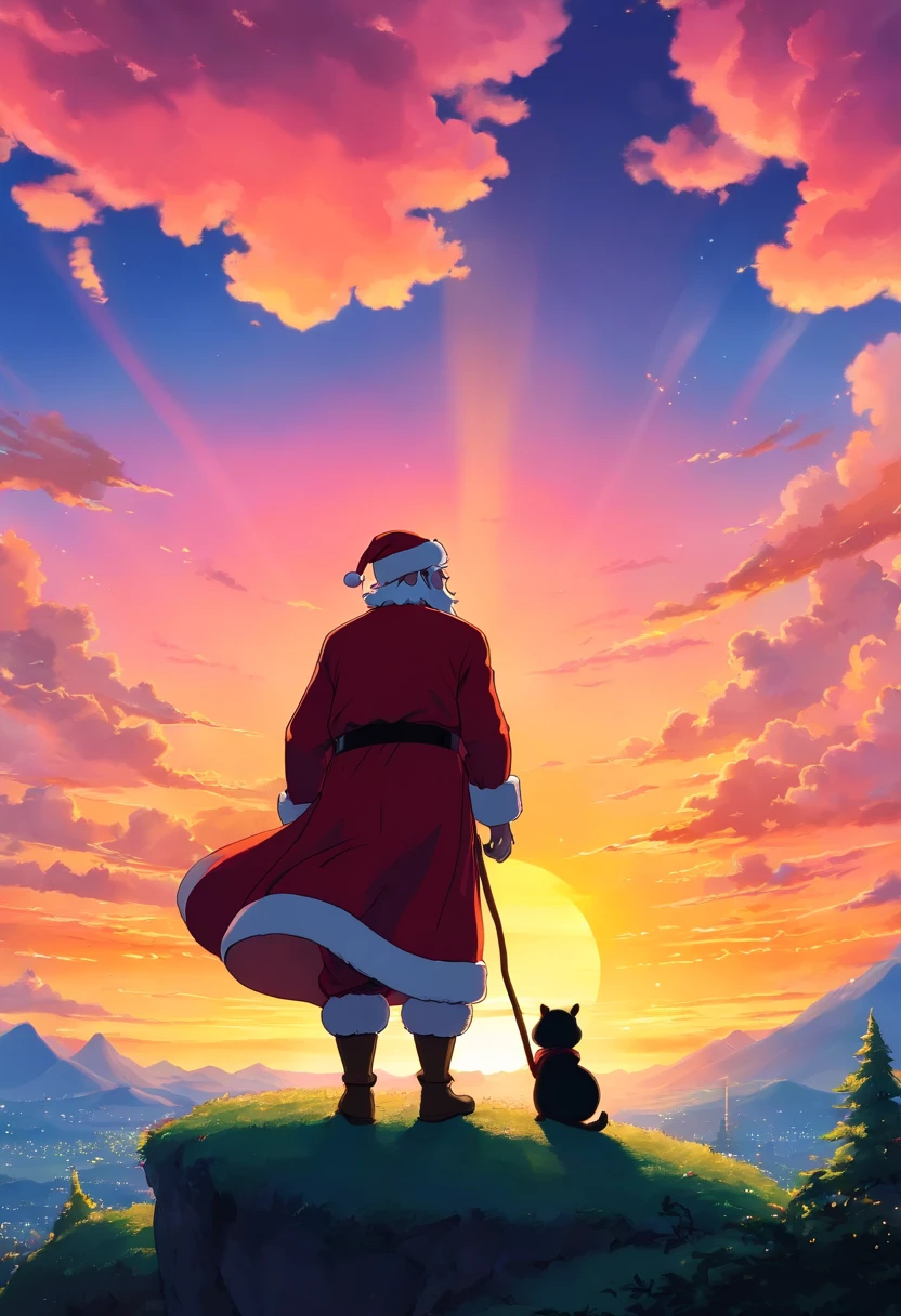 Capture a silhouette shot of Santa Claus against a colorful sunset sky, evoking a sense of wonder and holiday magic