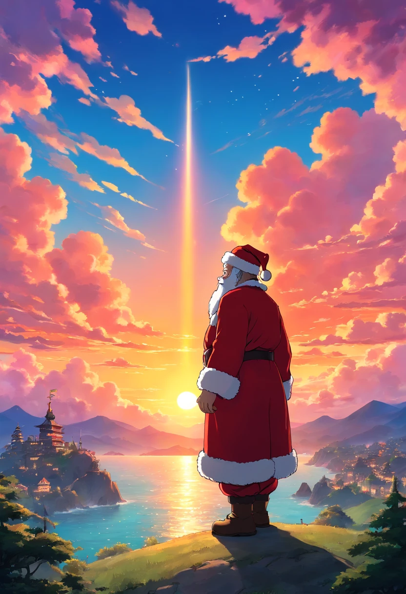 Capture a silhouette shot of Santa Claus against a colorful sunset sky, evoking a sense of wonder and holiday magic
