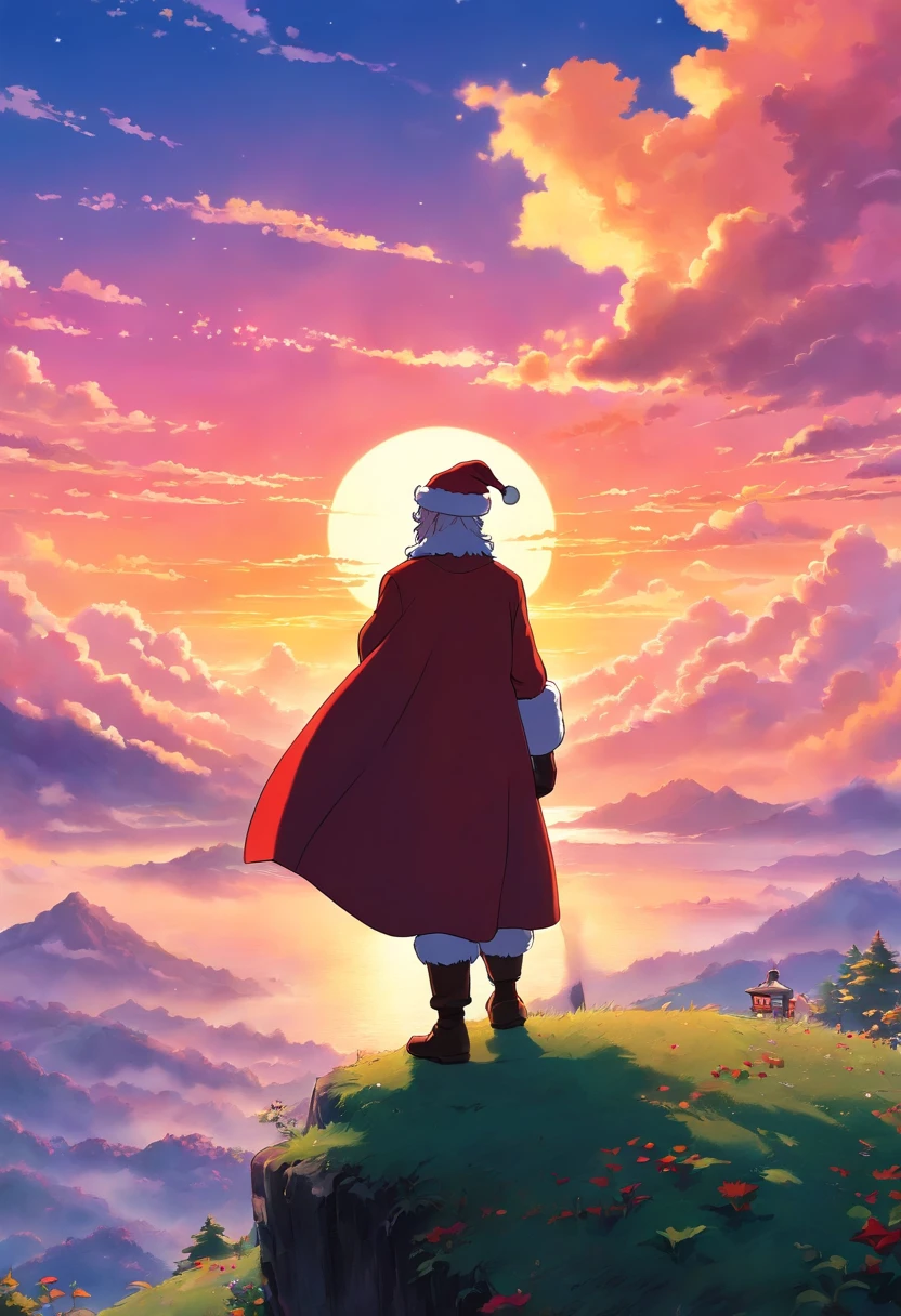 Capture a silhouette shot of Santa Claus against a colorful sunset sky, evoking a sense of wonder and holiday magic