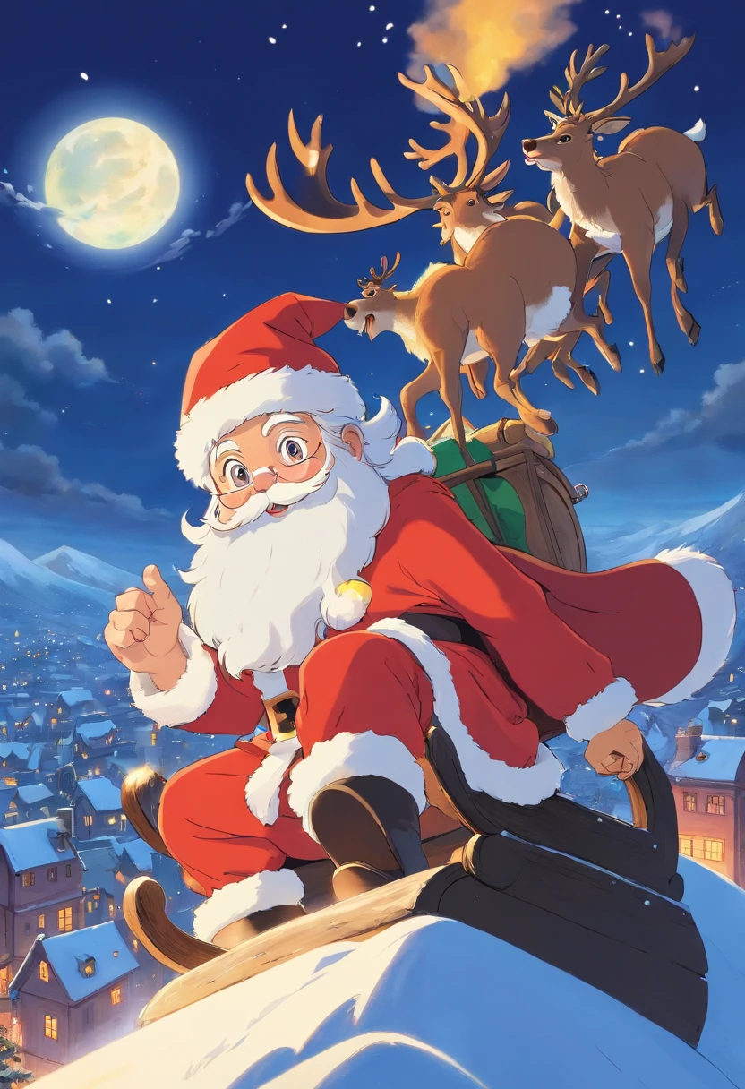 Capture a creative shot of Santa Claus in action, such as him climbing down a chimney or riding a sleigh with reindeer