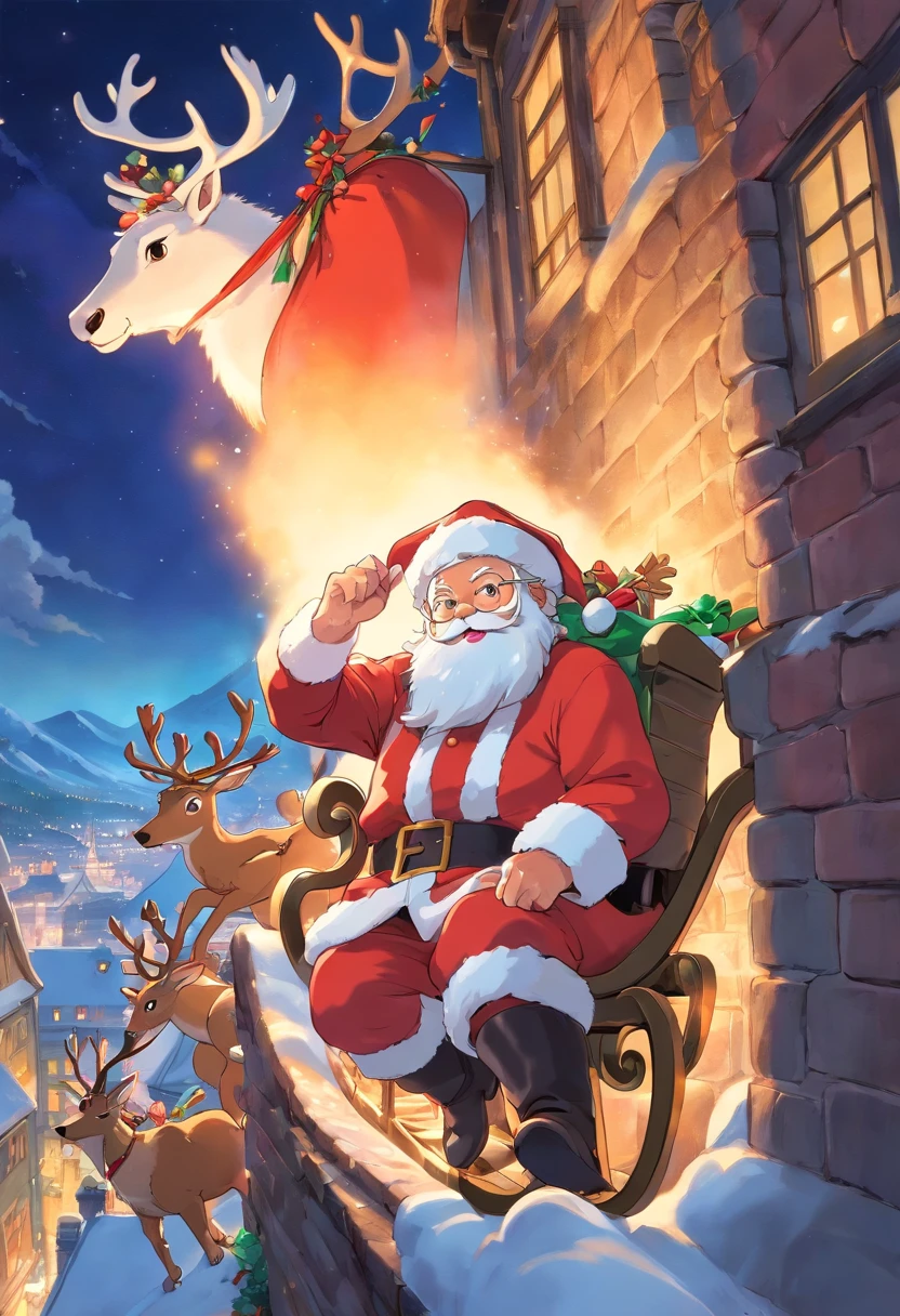 Capture a creative shot of Santa Claus in action, such as him climbing down a chimney or riding a sleigh with reindeer