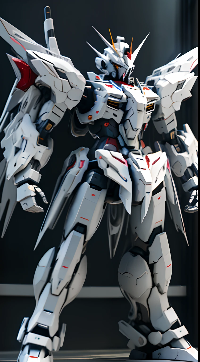 Gundam、Full body like、No back equipment、realisitic、Dual Eye、Facing the front、Lines of simple、White the&Silver Body、Chemical、realisticlying、Giant Robo、Standing between buildings、