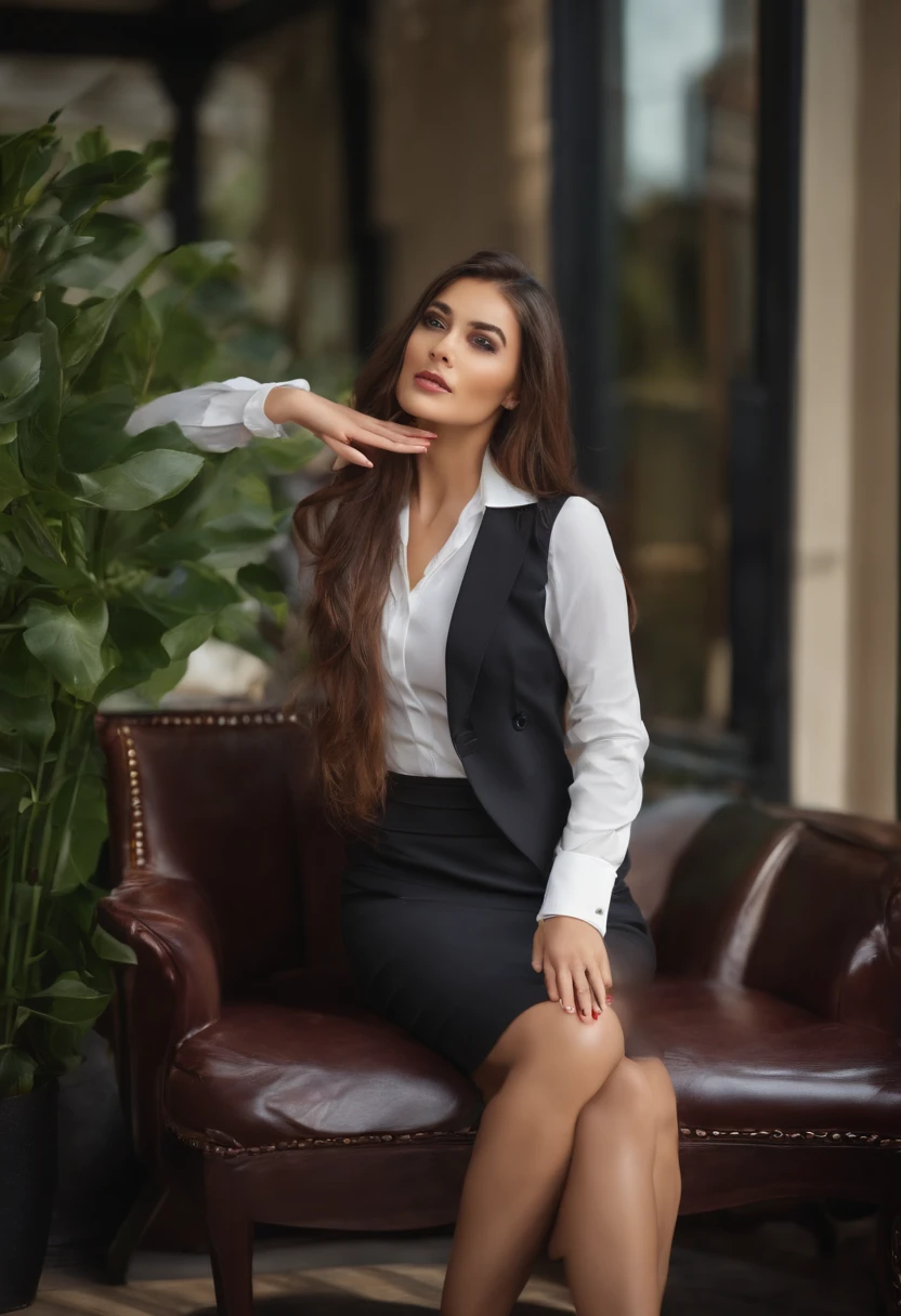 An office worker in her early 20s, looking at her fingertips in amazement; dressed in a suit and tight skirt. Beautiful manicure on her toes. Hair - long hair.