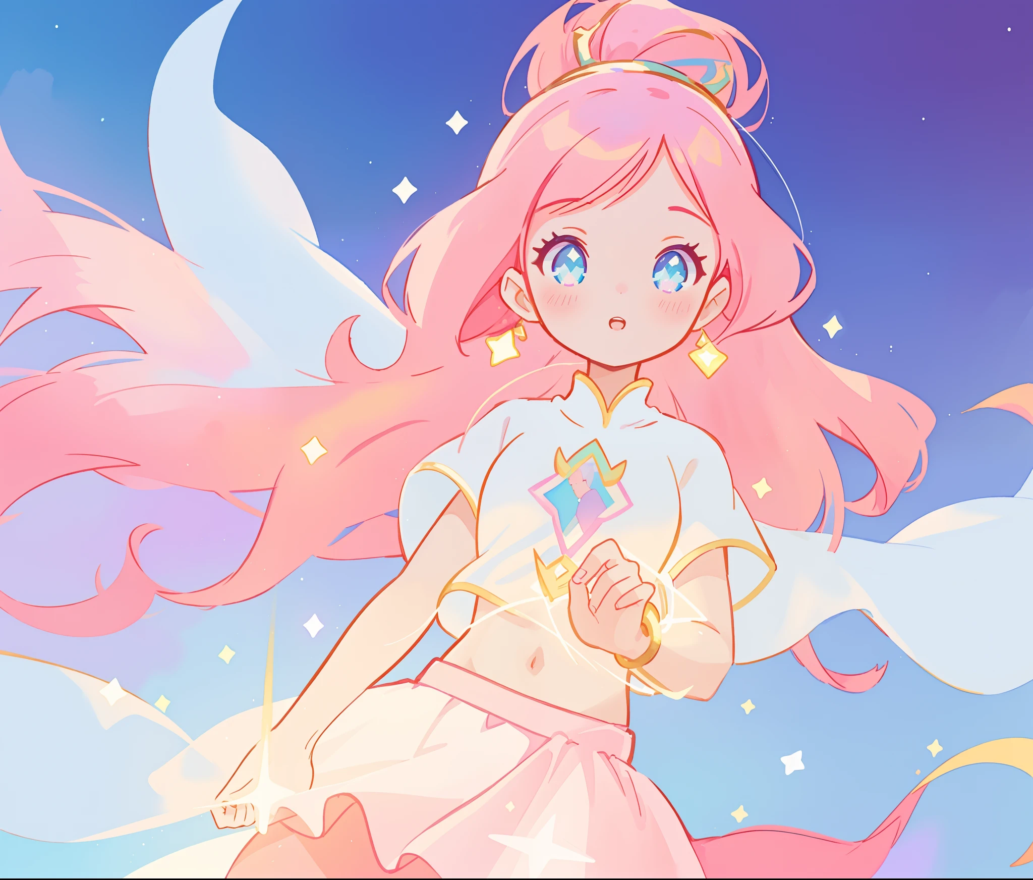 beautiful girl in white crop top and skirt, arabian princess, long colorful sparkling pink hair, watercolor illustration, Lois van Baarle, glowing aura around her, Glen Keane, jen bartel, glowing hair, beautiful digital illustration, fantasia background, beautiful, masterpiece, best quality, anime disney style, (detailed eyes), golden ratio, perfect composition